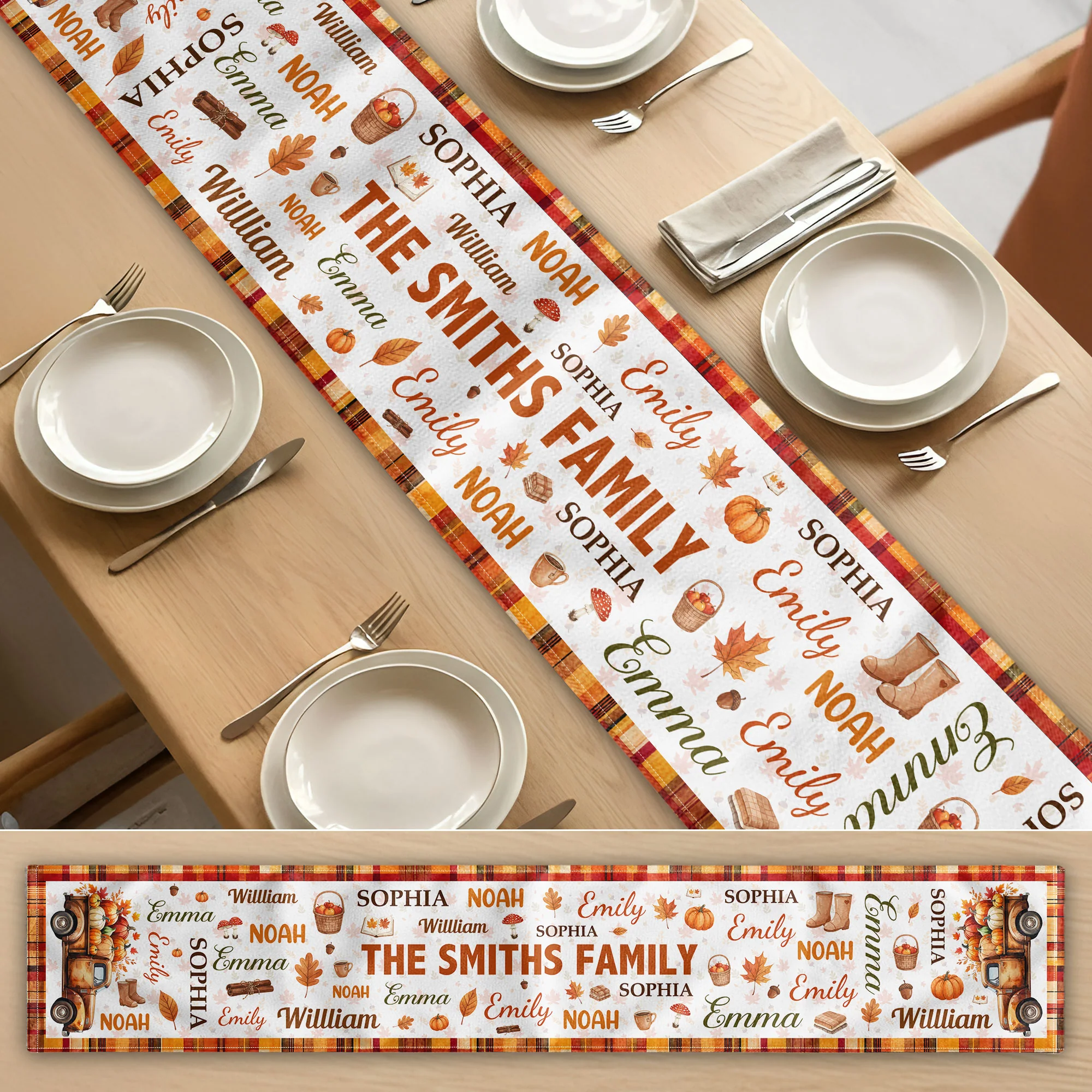 Repeating Names Autumn Leaves Pumpkin Pattern Decor - Personalized Table Runner - Image 4