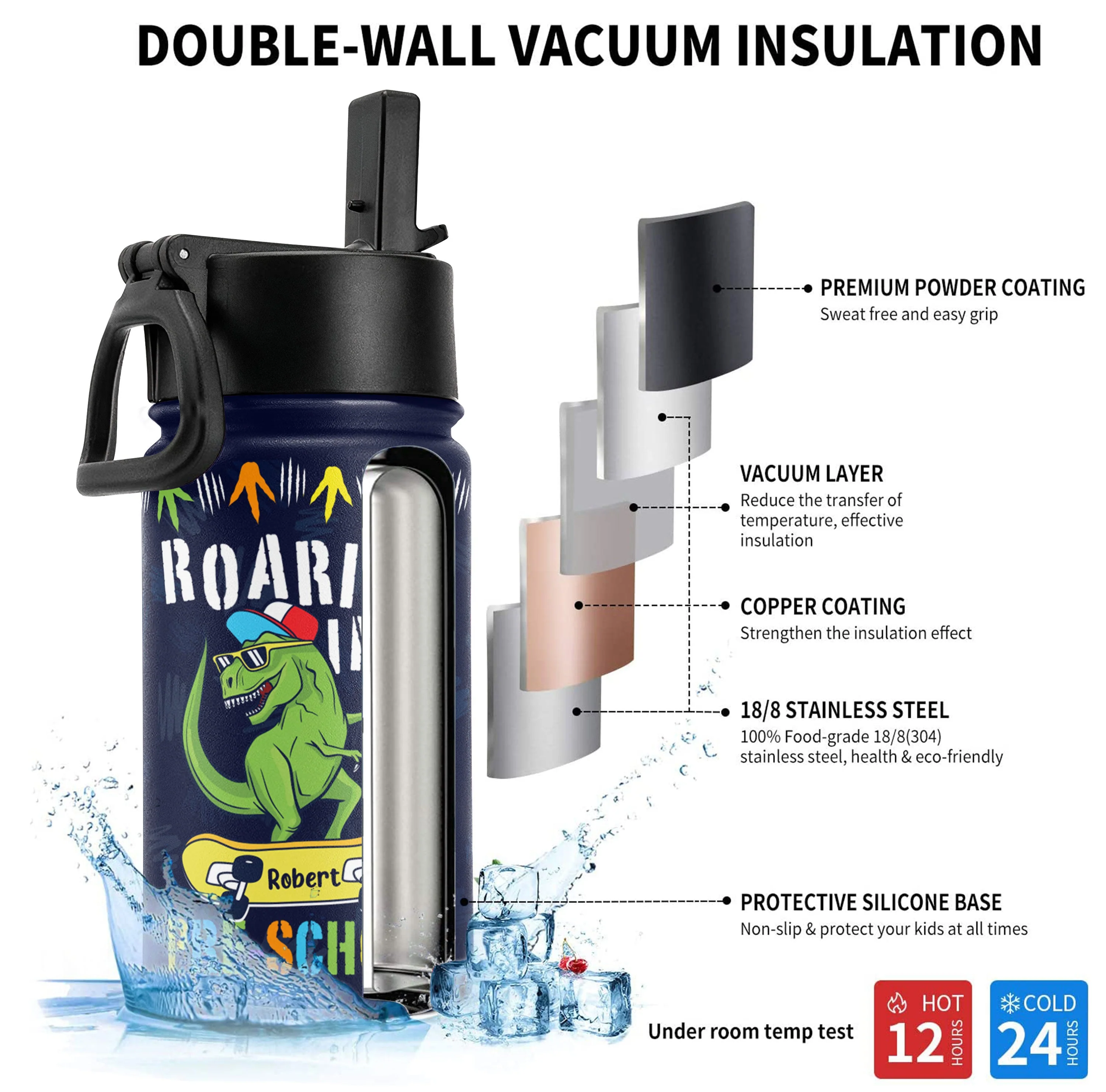 Roaring Into School - Personalized Kids Water Bottle With Straw Lid - Image 3
