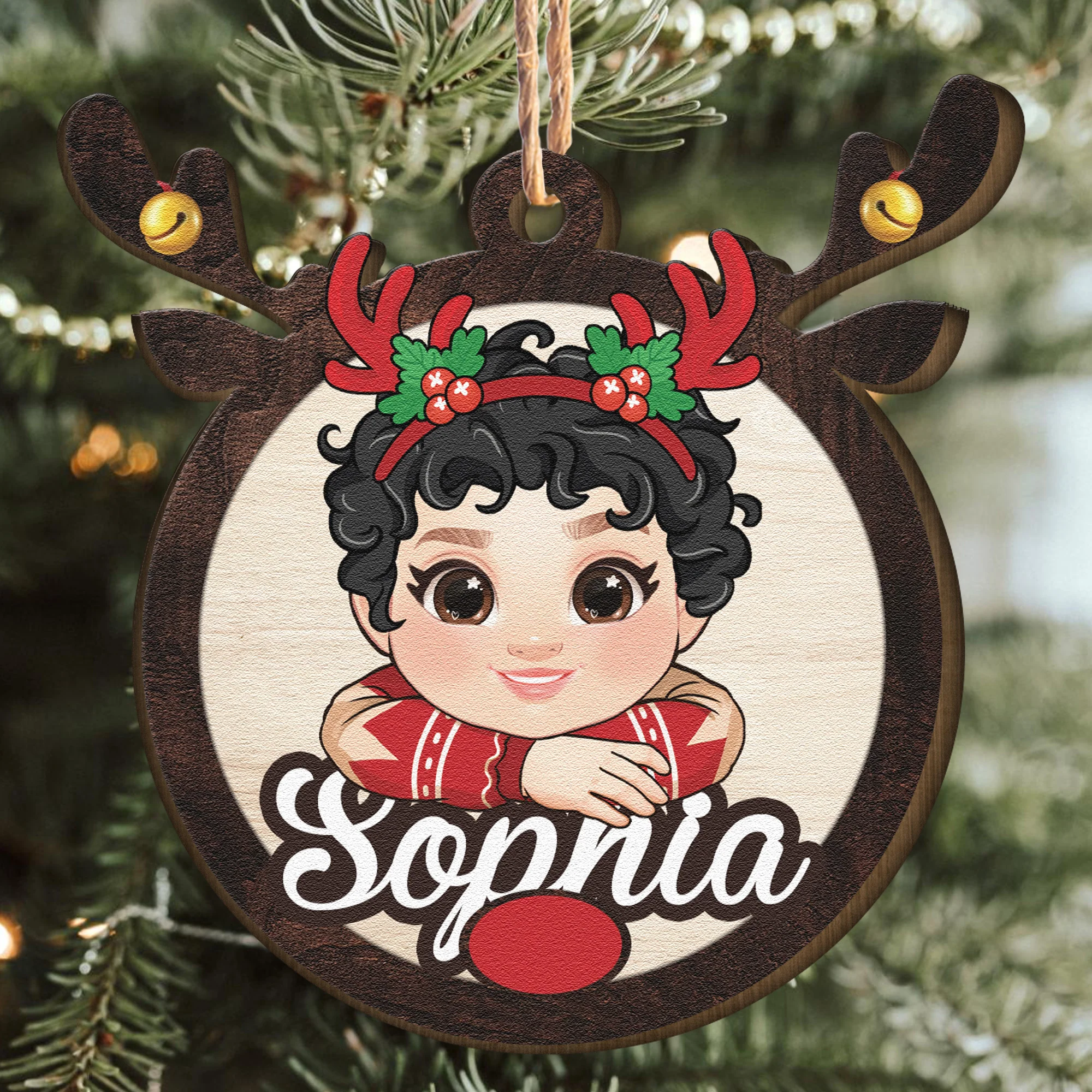 Rudolph Reindeer Custom Kids' Names - Personalized Wooden Ornament - Image 2