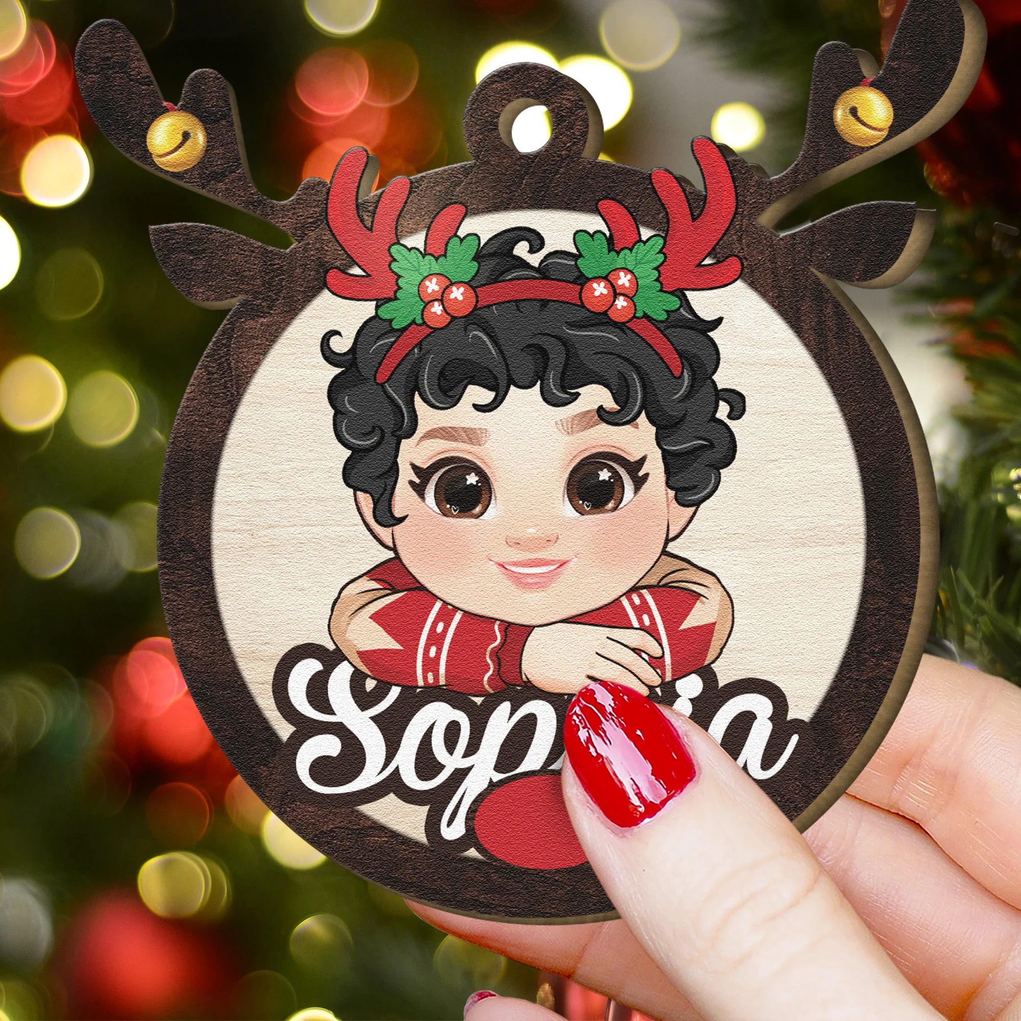 Rudolph Reindeer Custom Kids' Names - Personalized Wooden Ornament - Image 3