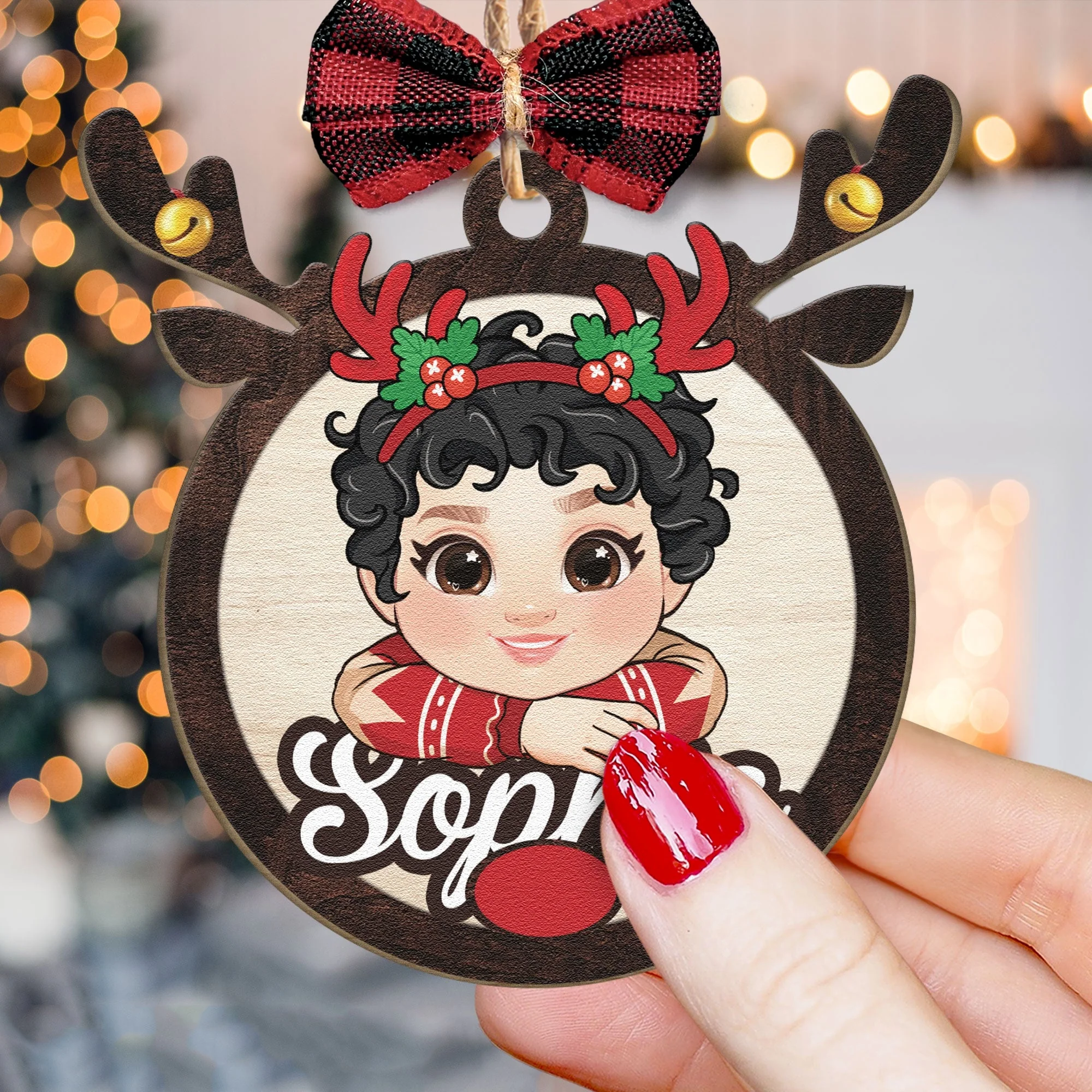 Rudolph Reindeer Custom Kids' Names - Personalized Wooden Ornament - Image 4