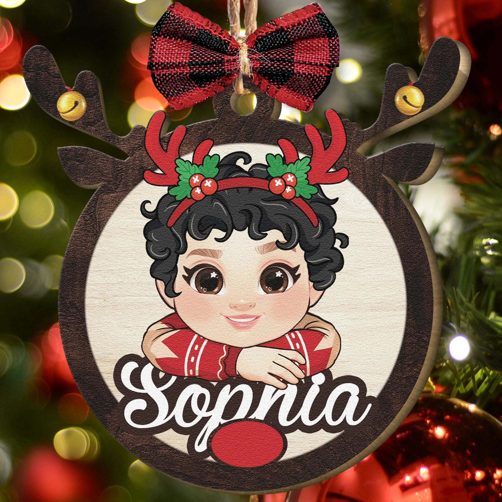 Rudolph Reindeer Custom Kids' Names - Personalized Wooden Ornament - Image 5