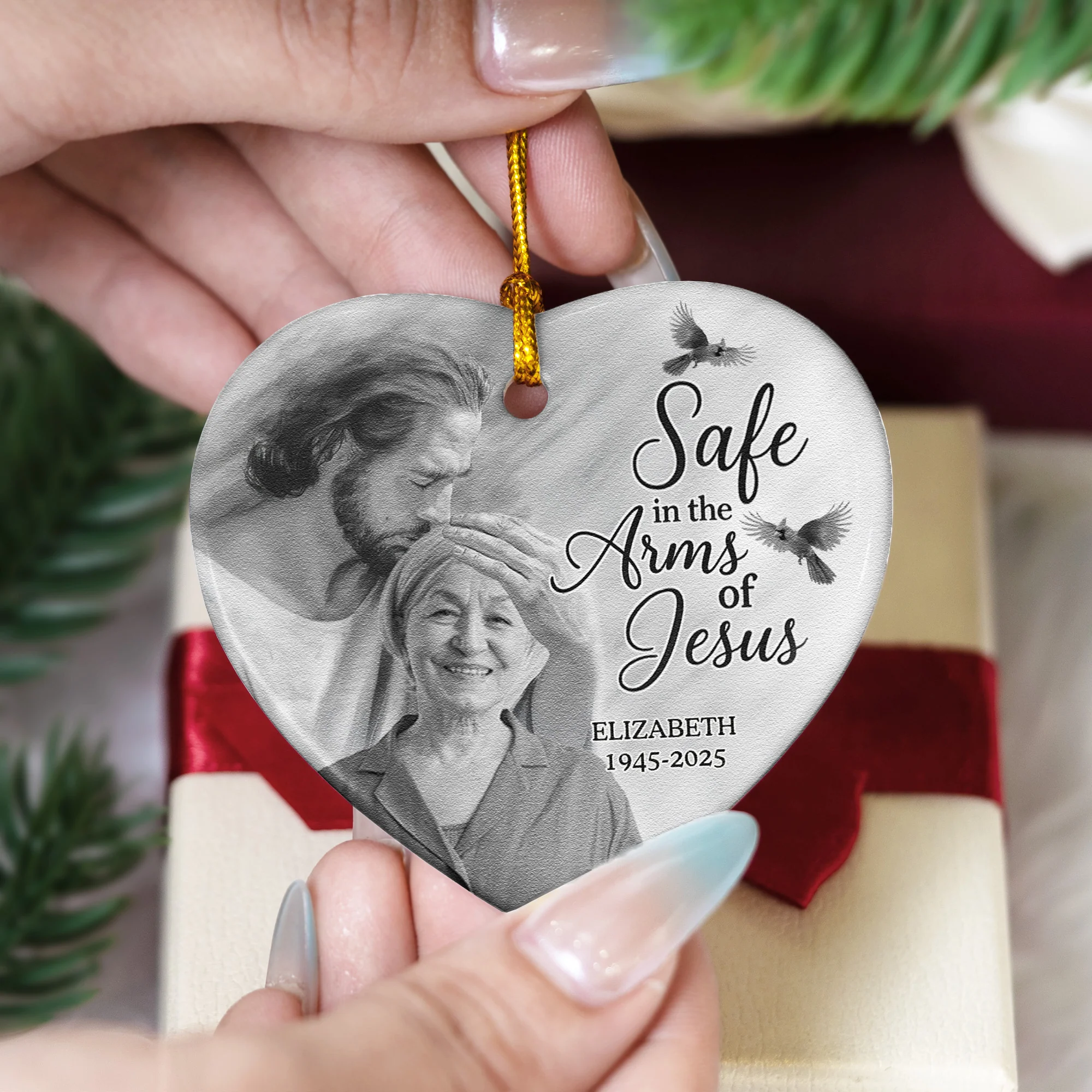 Safe In The Arm Of Jesus - Personalized Ceramic Photo Ornament - Image 2