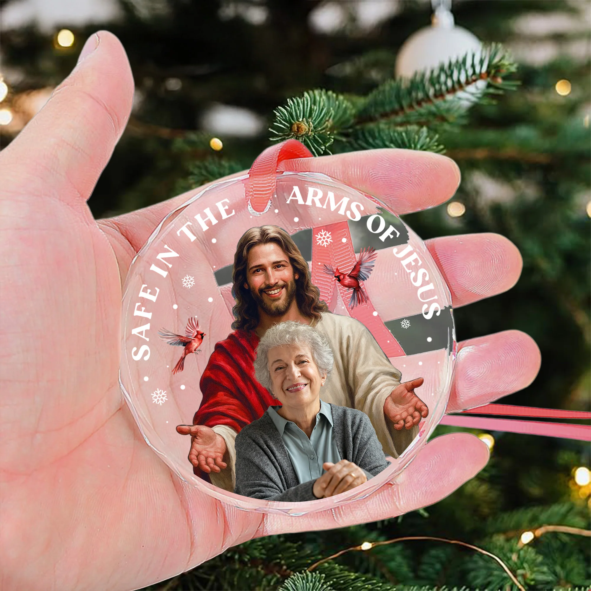 Safe In The Arms Of Jesus Memorial Christmas Ornament - Personalized Glass Photo Ornament - Image 4