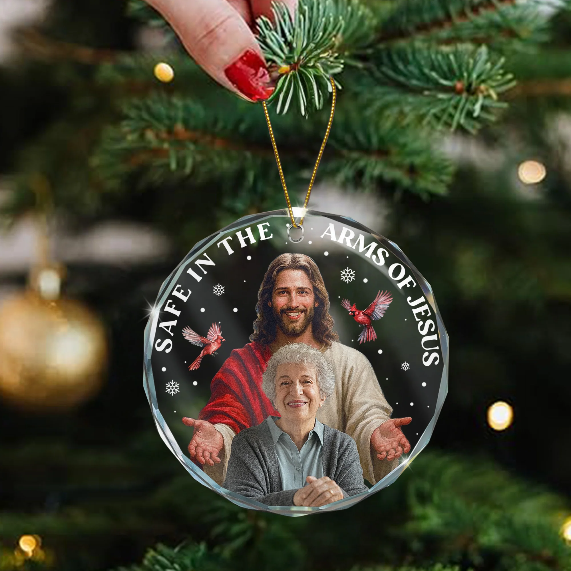 Safe In The Arms Of Jesus Memorial Christmas Ornament - Personalized Glass Photo Ornament - Image 5