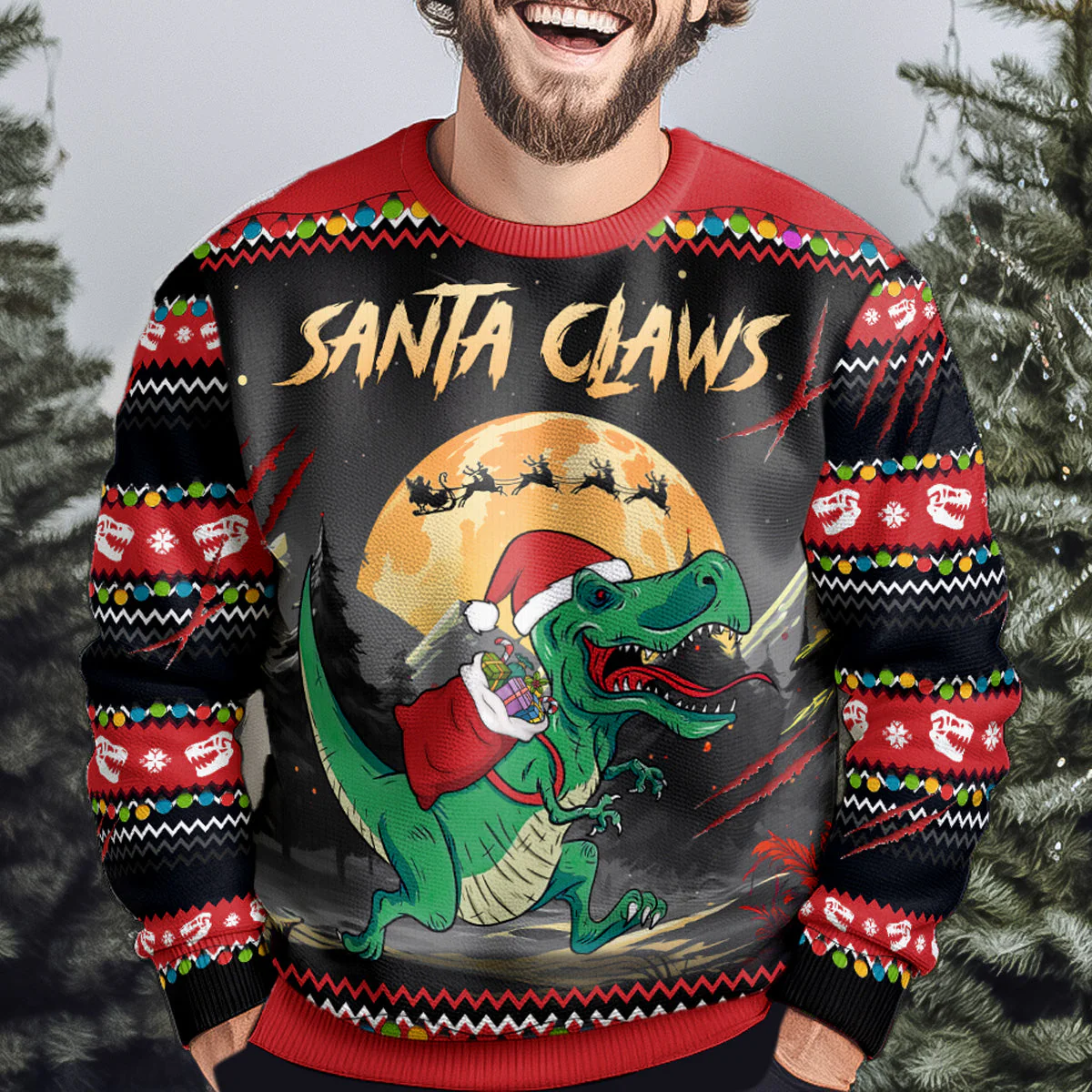 Santa Claws T-Rex Christmas Dinosaur Santa - Personalized Ugly Sweater - Image 4
