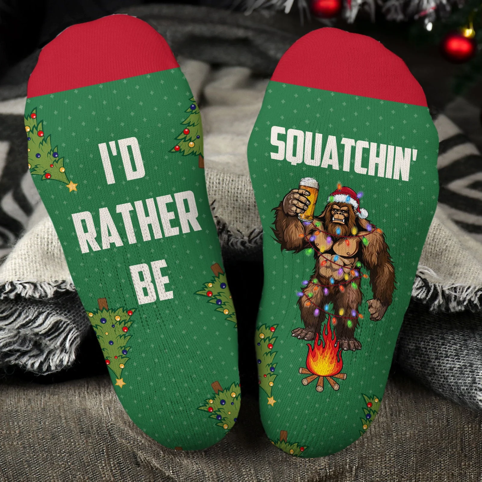 Sasquatch I'D Rather Be Squatching Christmas Bigfoot - Personalized Crew Socks - Image 3