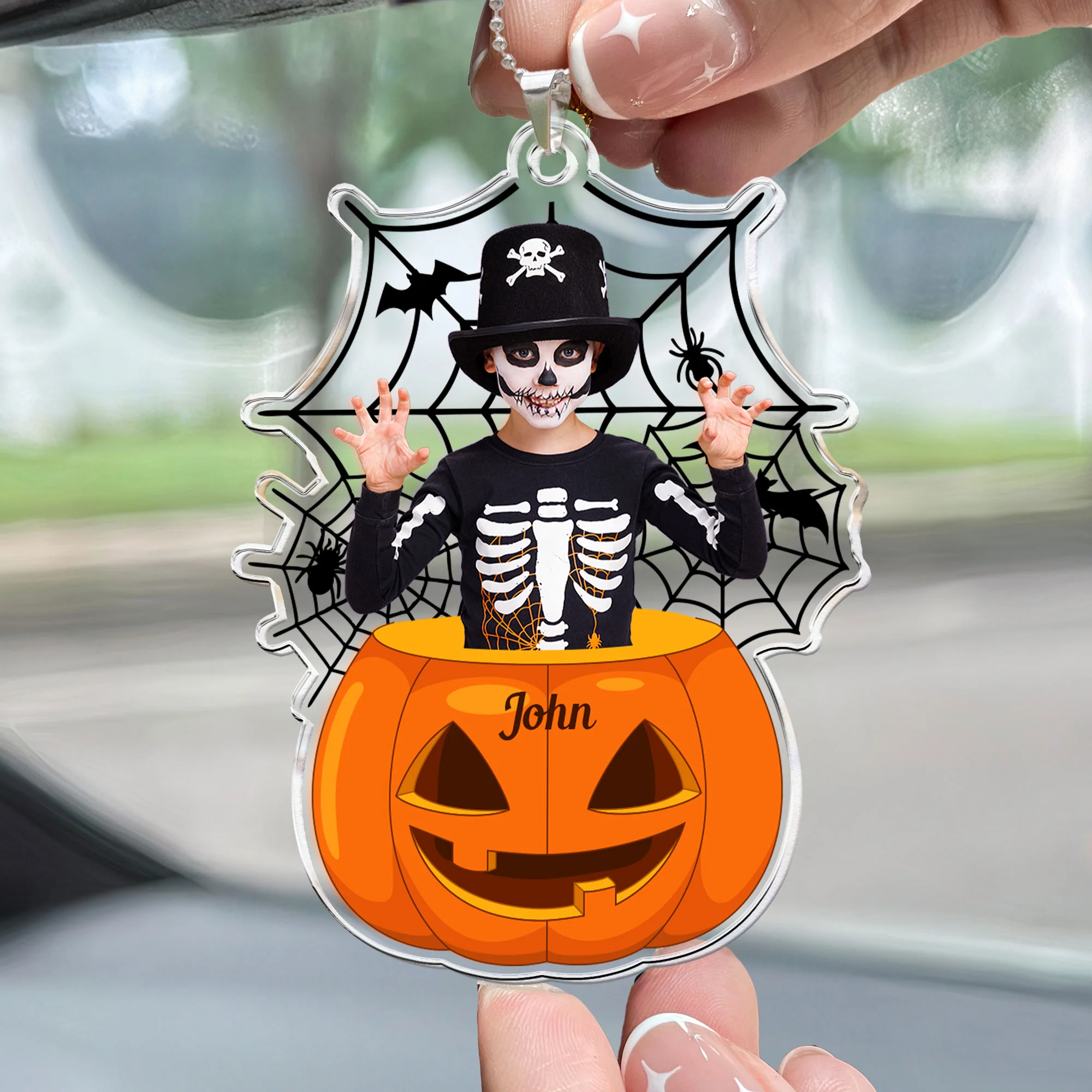 Scary Monster Kid In The Pumpkin Halloween Gift - Personalized Rear View Mirror Accessory, Halloween Ornament - Image 4