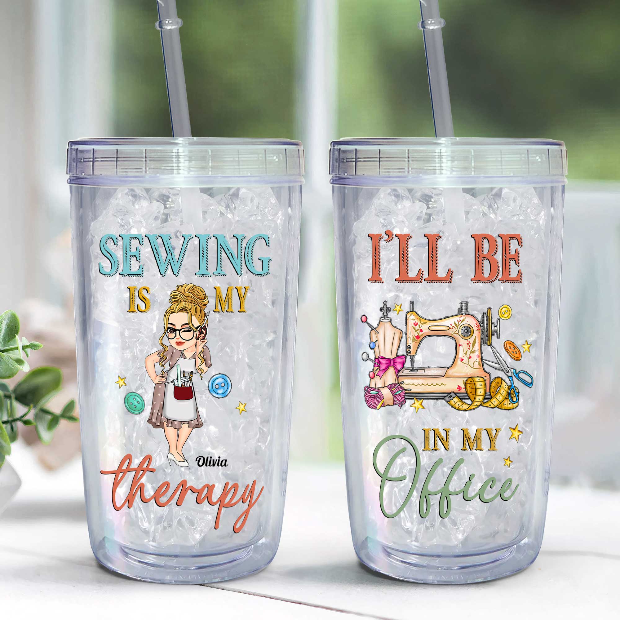 Sewing Is My Therapy - Personalized Acrylic Tumbler With Straw - Image 3