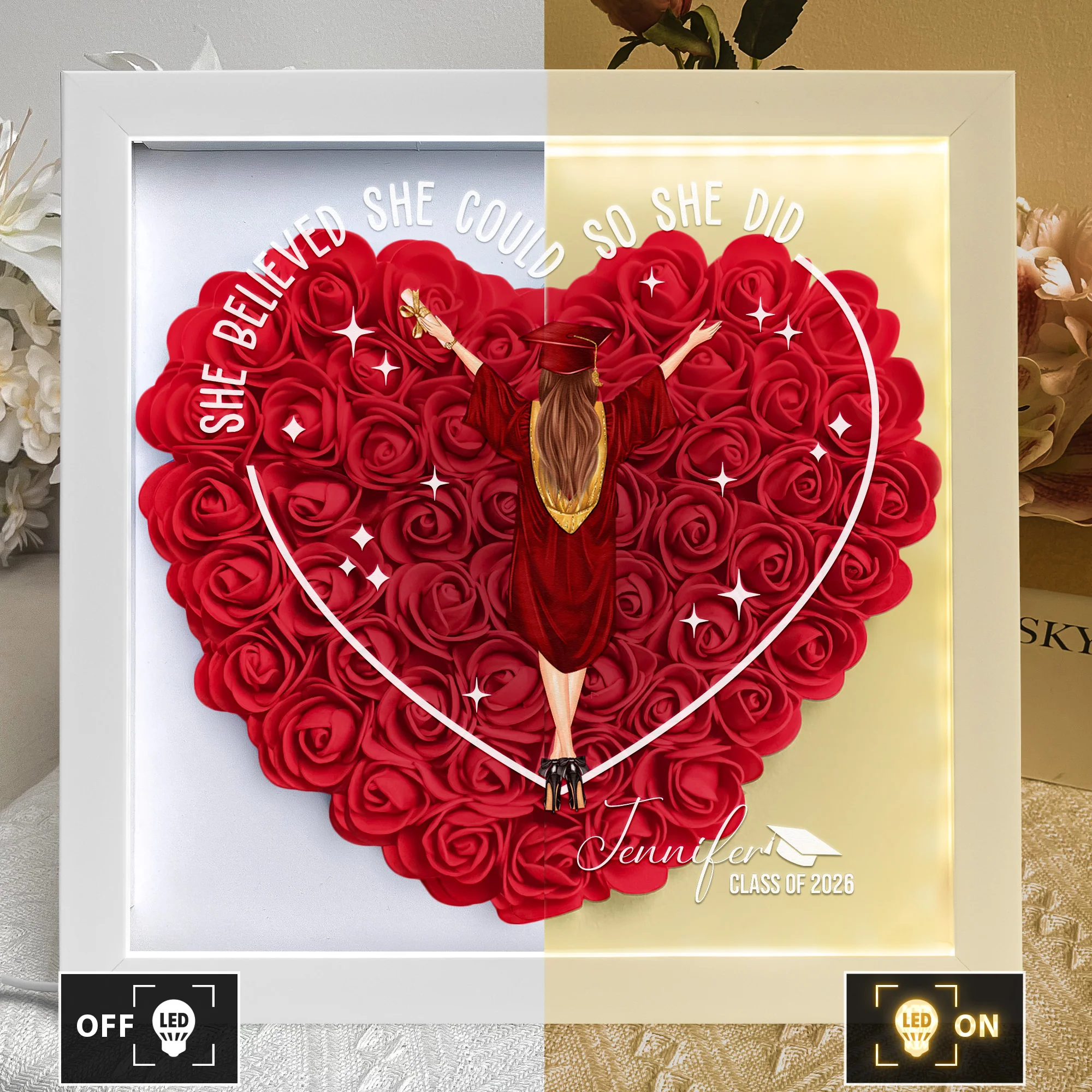 She Believed She Could Graduation Gift - Personalized Flower Shadow Box With LED Light - Image 3