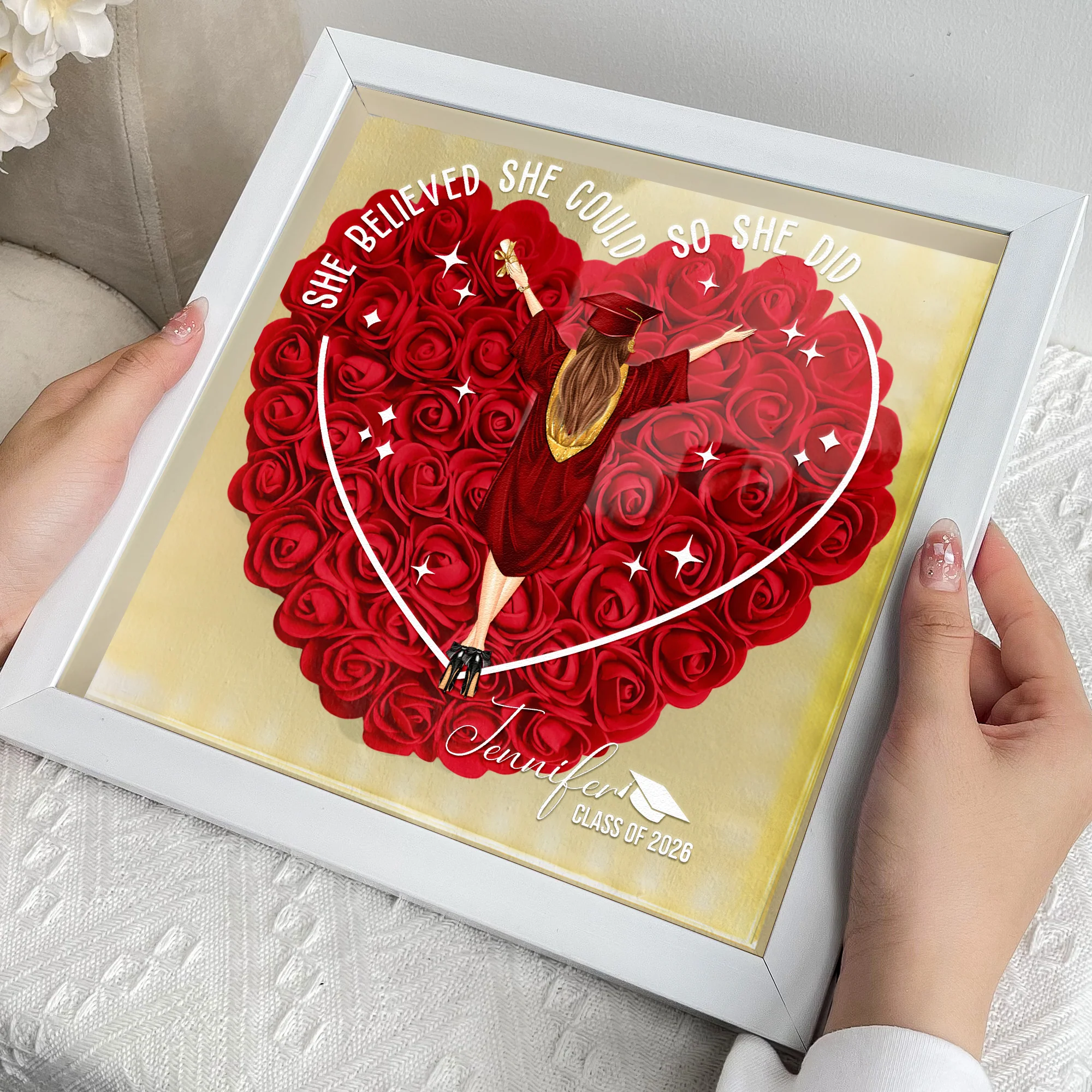 She Believed She Could Graduation Gift - Personalized Flower Shadow Box With LED Light - Image 4