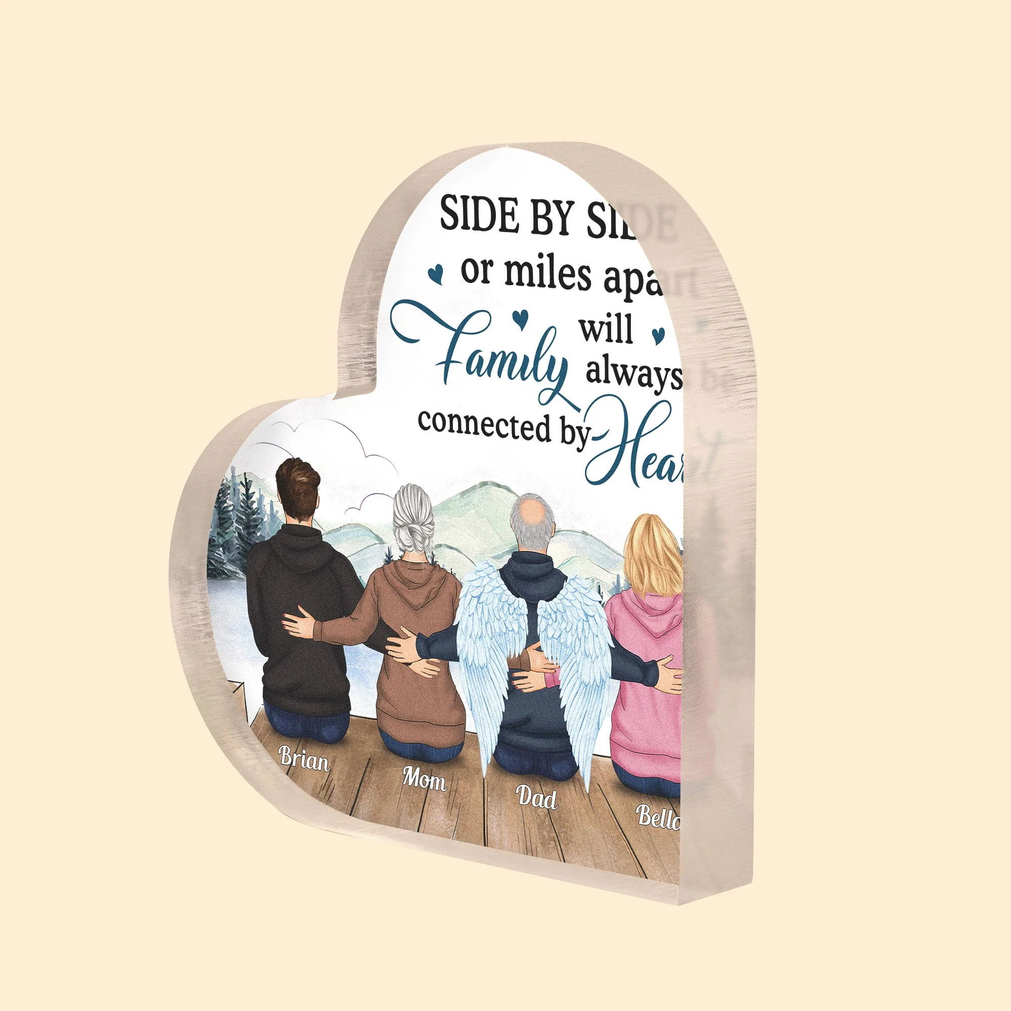 Side By Side Or Miles Apart, Family Connected By Heart - Personalized Heart-Shaped Acrylic Plaque - Image 2