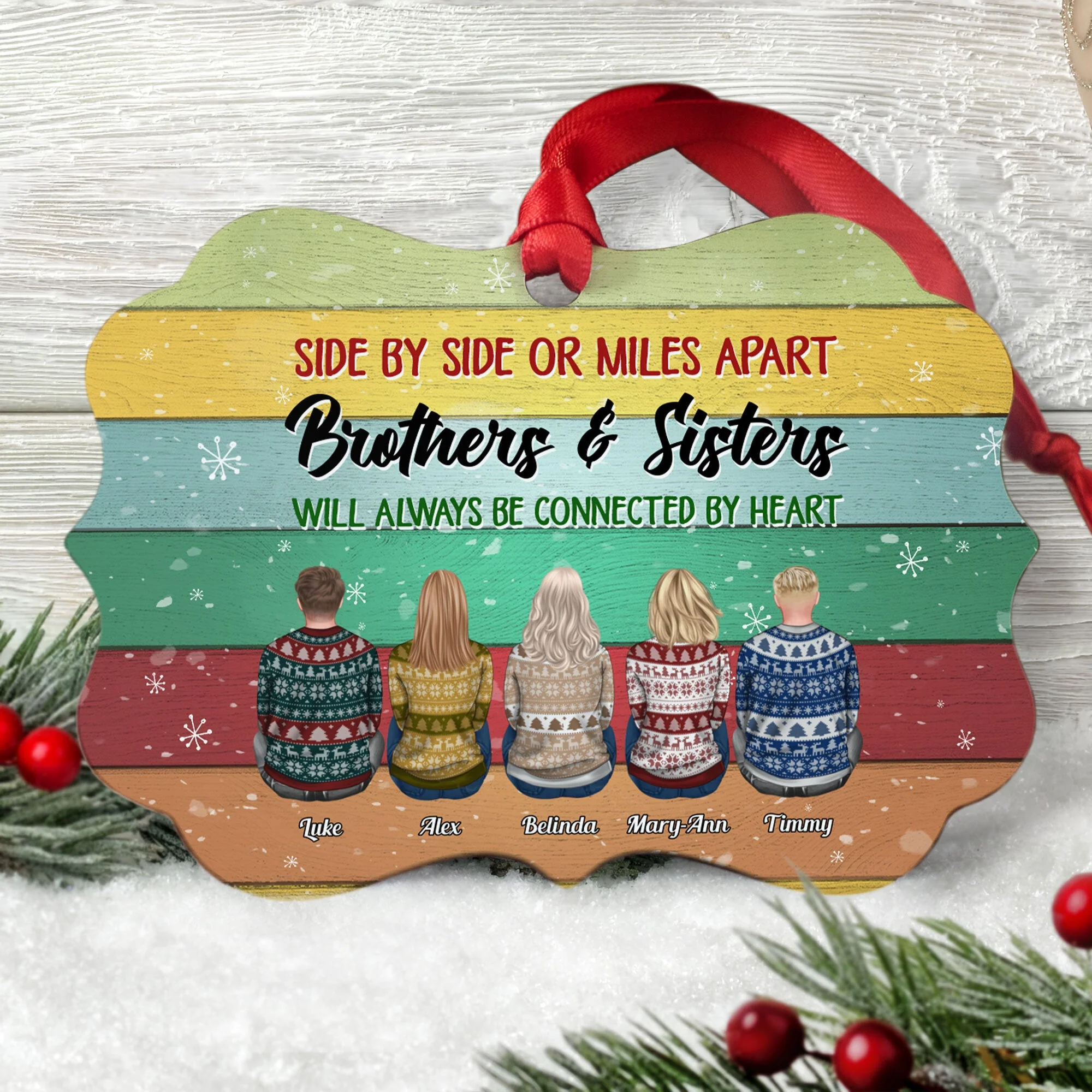 Side By Side Or Miles Apart - Personalized Aluminum Ornament - Christmas Gift For Brothers, Sisters - Ugly Christmas Sweater Sitting - Image 3