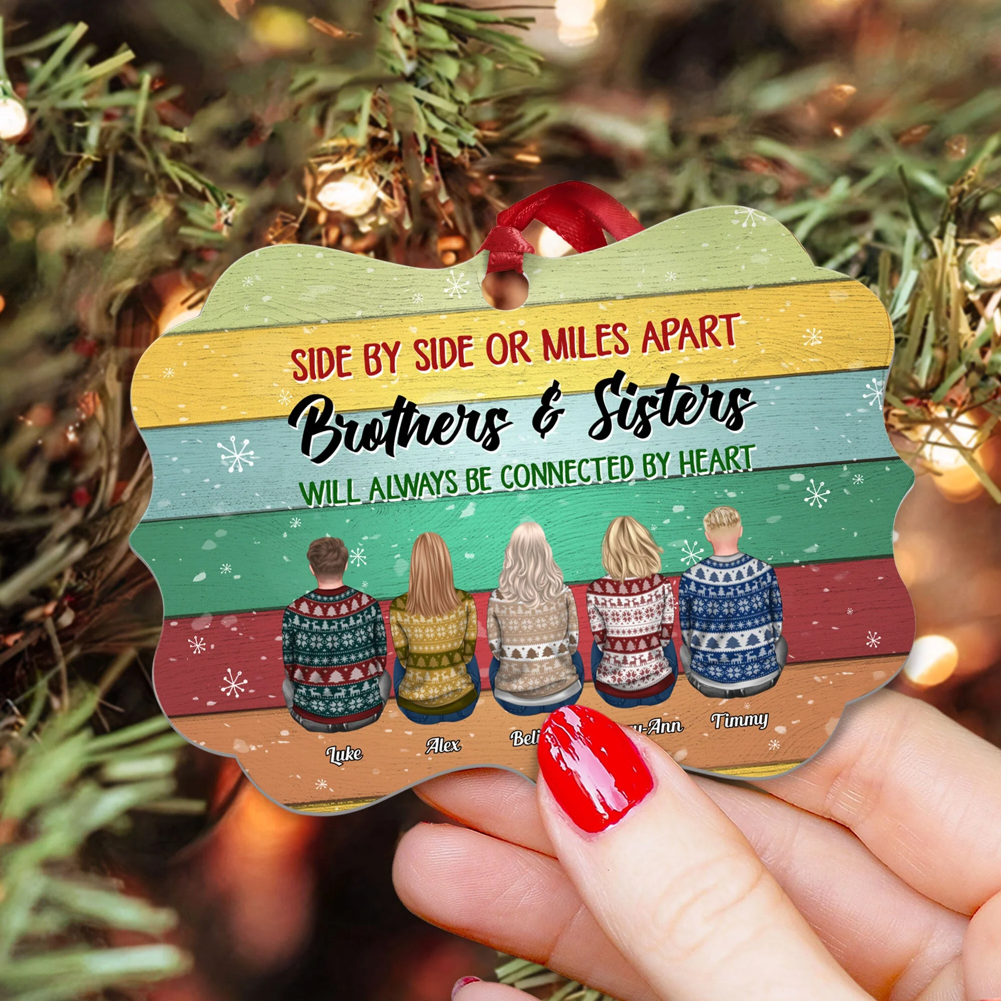 Side By Side Or Miles Apart - Personalized Aluminum Ornament - Christmas Gift For Brothers, Sisters - Ugly Christmas Sweater Sitting - Image 4