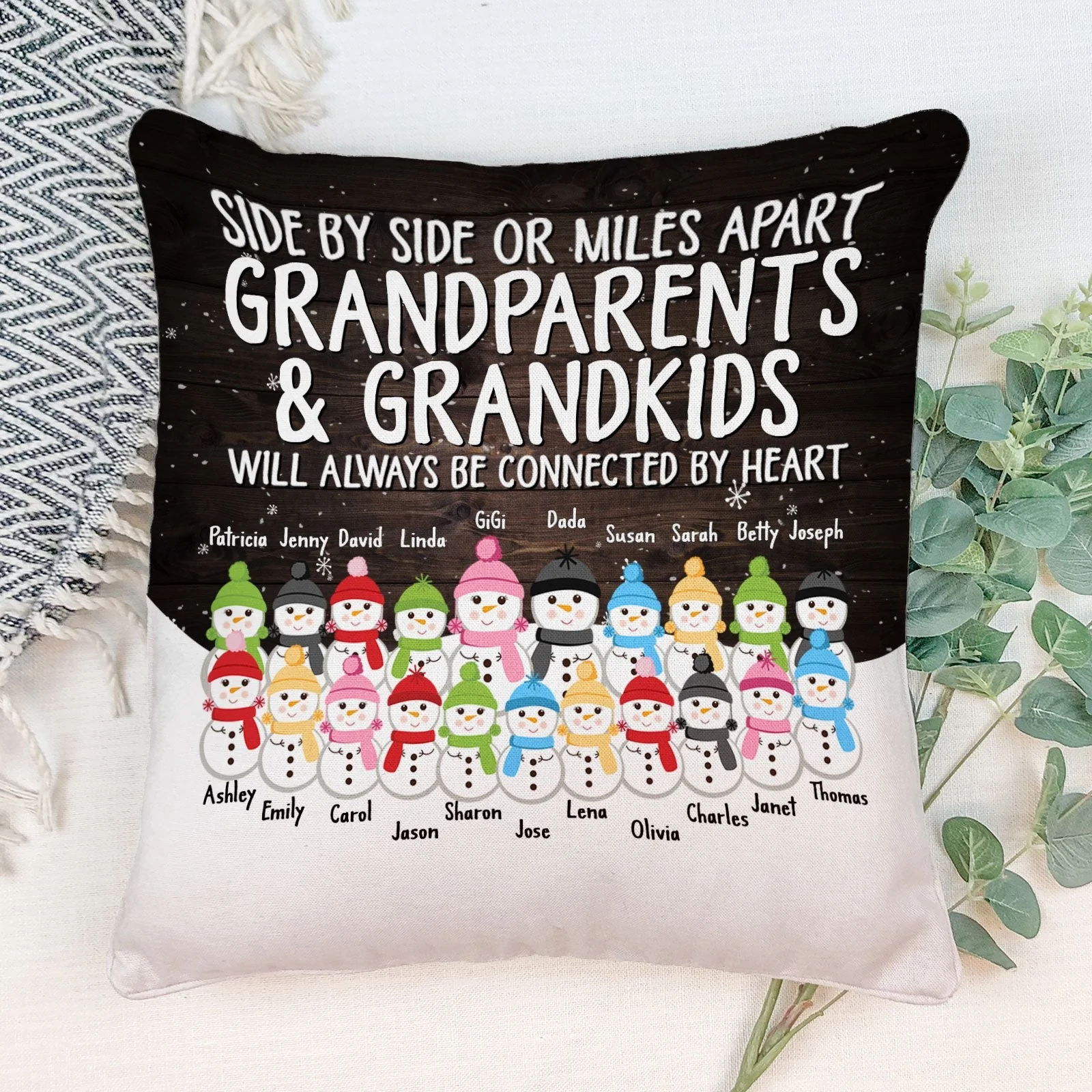 Side By Side Or Miles Apart - Personalized Pillow (Insert Included) - Christmas Gift For Grandma, Grandpa, Grandparents - Snowman Family