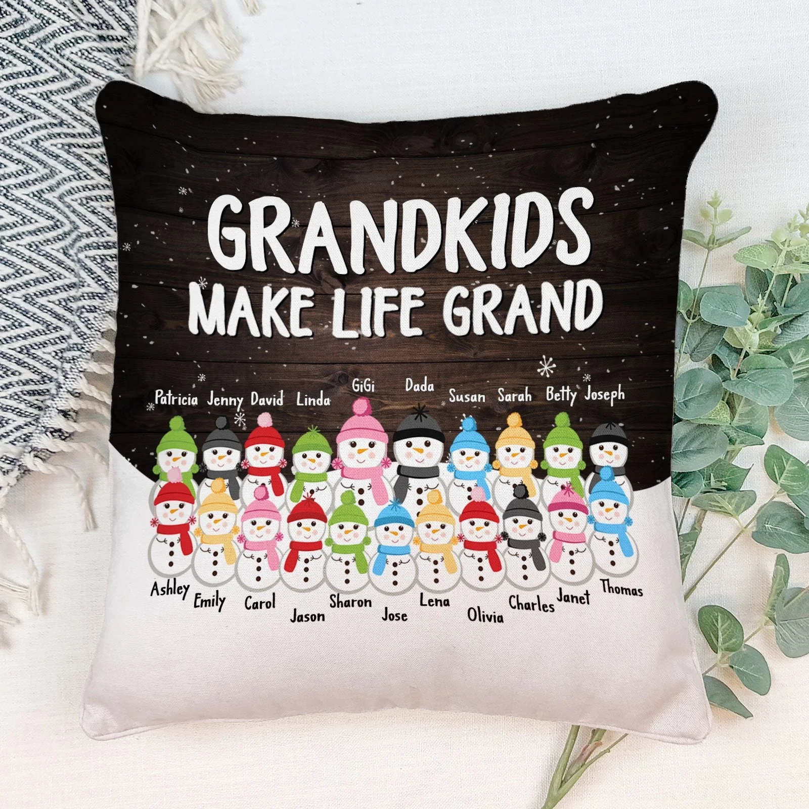 Side By Side Or Miles Apart - Personalized Pillow (Insert Included) - Christmas Gift For Grandma, Grandpa, Grandparents - Snowman Family - Image 2