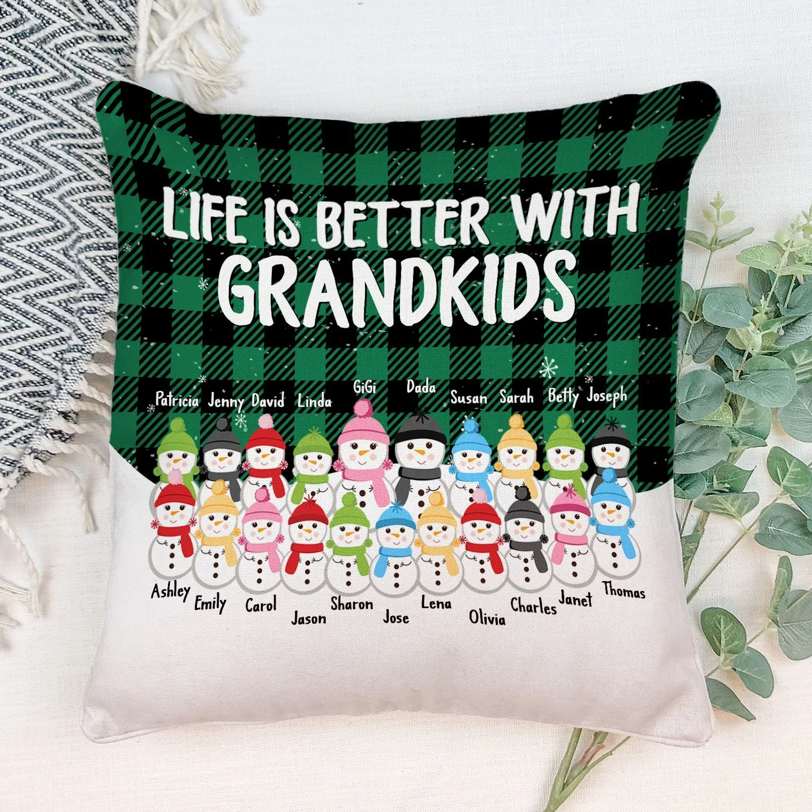 Side By Side Or Miles Apart - Personalized Pillow (Insert Included) - Christmas Gift For Grandma, Grandpa, Grandparents - Snowman Family - Image 3