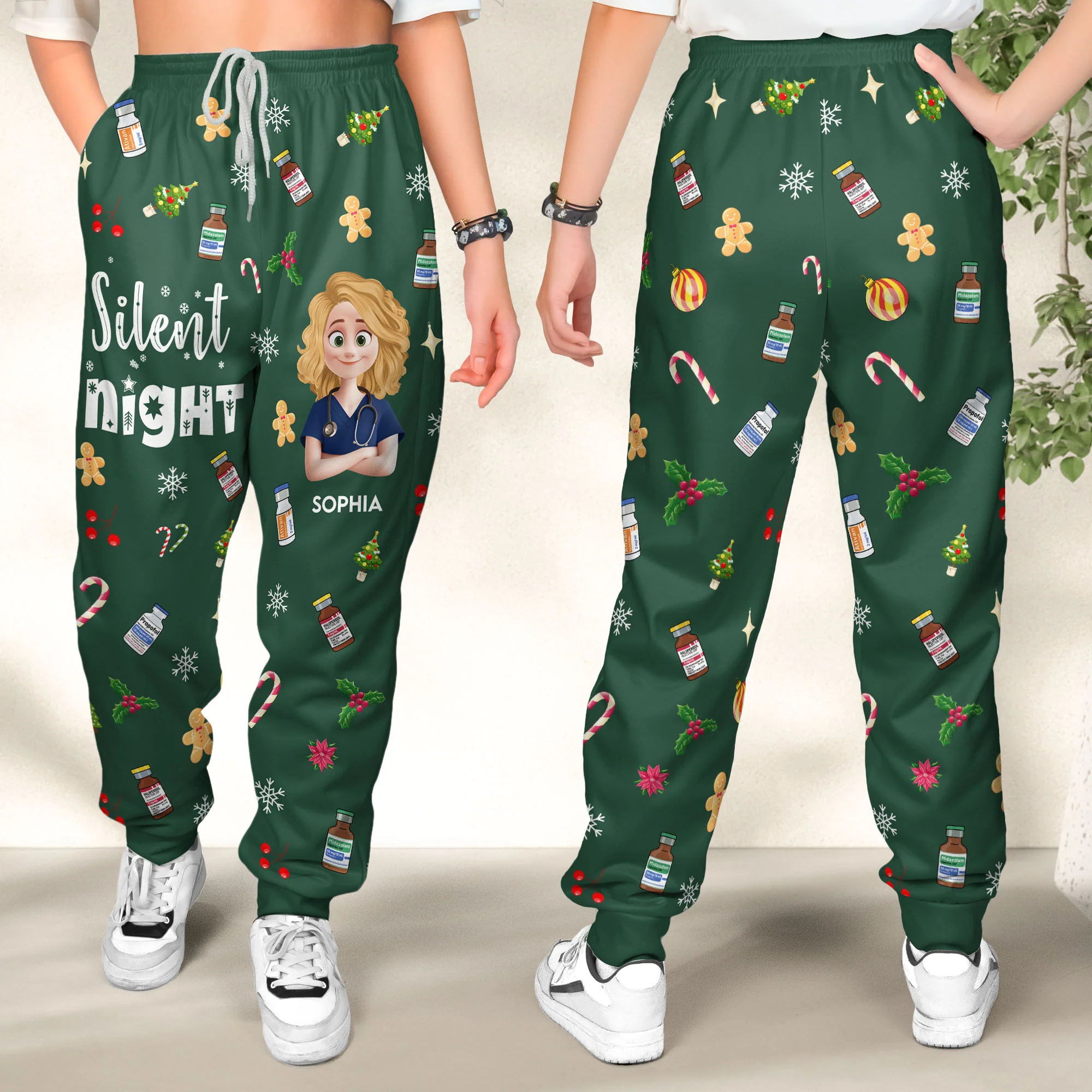 Silent Night Nurse Christmas Gift - ICU ER CRNA Anesthesia - Personalized Sweatpants - Image 2