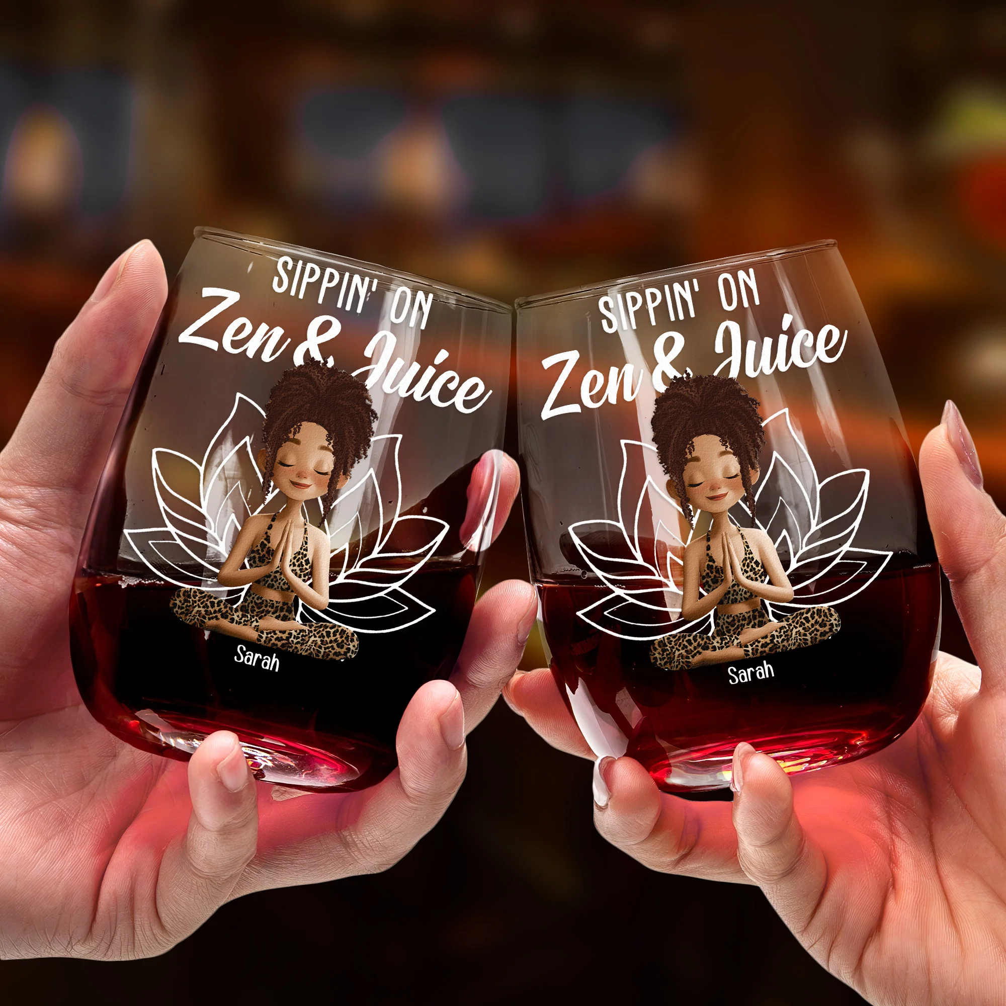 Sippin On Zen And Juice Yoga Lovers Namaste - Personalized Stemless Wine Glass - Image 4