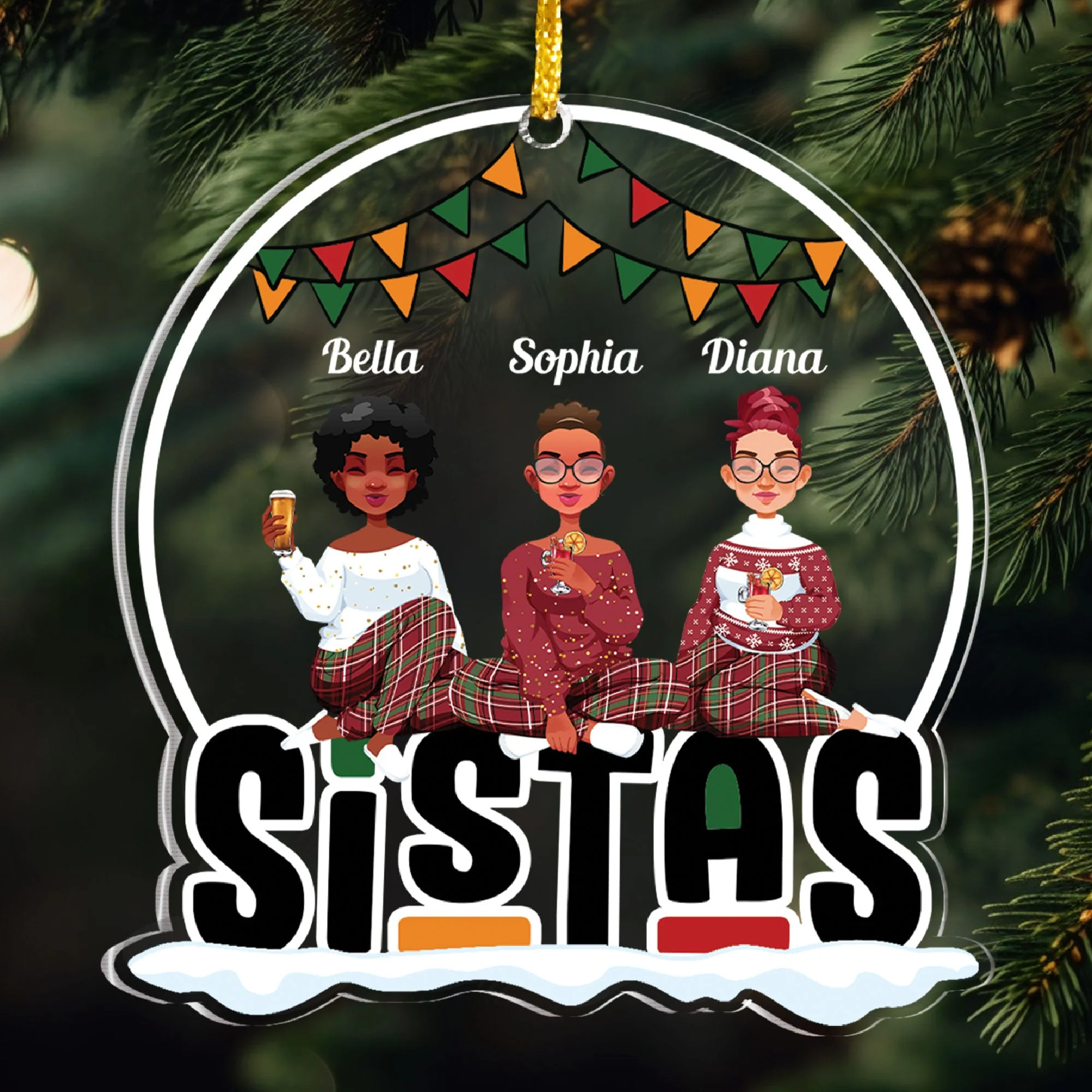 Sistas Forever - Personalized Snowdome Shaped Acrylic Ornament - Image 2