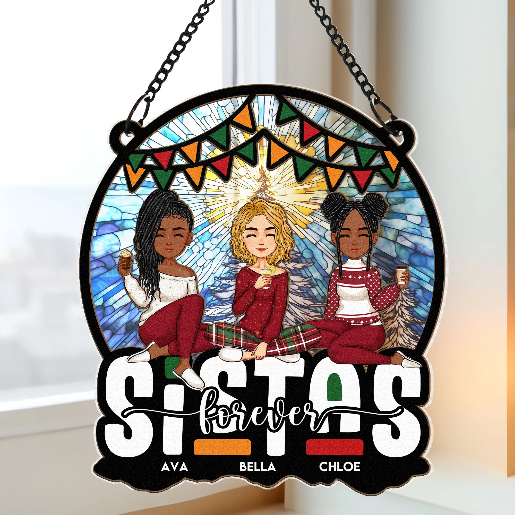 Sistas Forever Sisters Friendship Gift - Personalized Window Hanging Suncatcher Ornament - Image 3