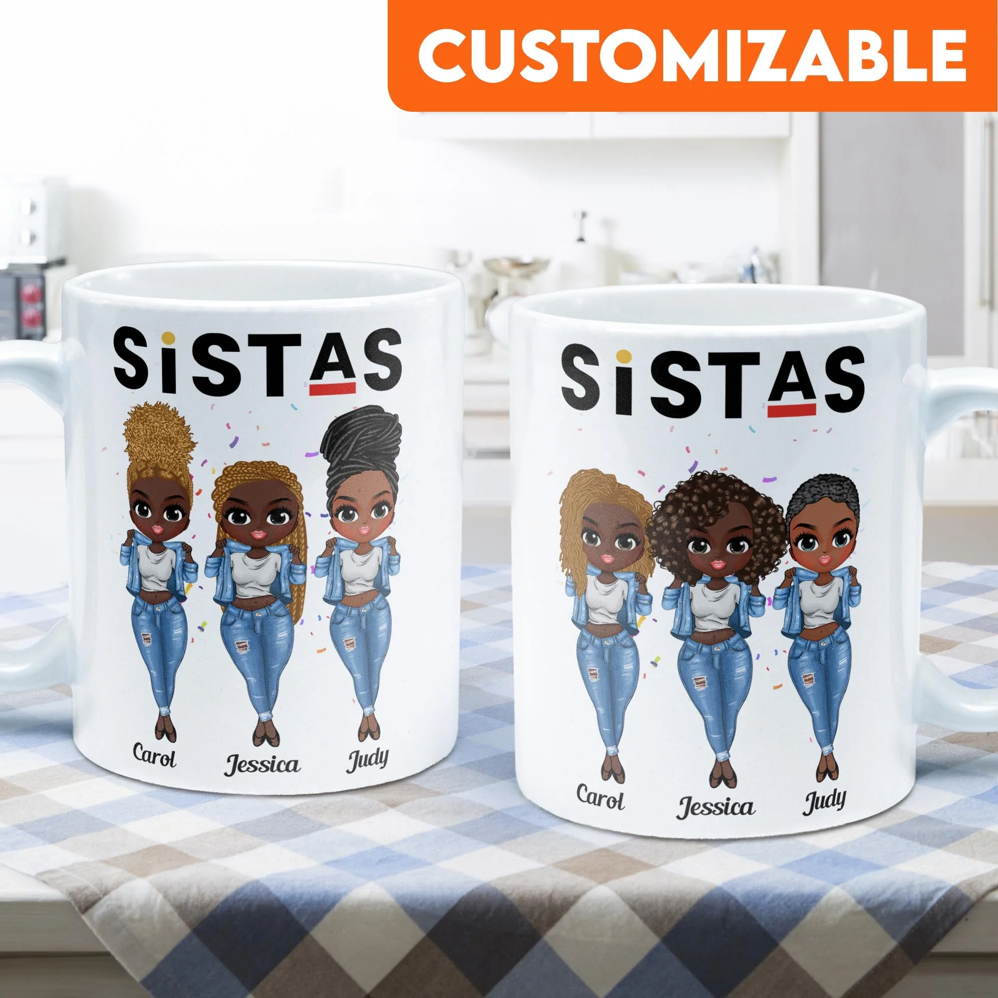 Sistas - Personalized Mug - Birthday Gift For Bestie, Best Friend, BFF, Sista, Colleague - Denim Chibi Girl - Image 4