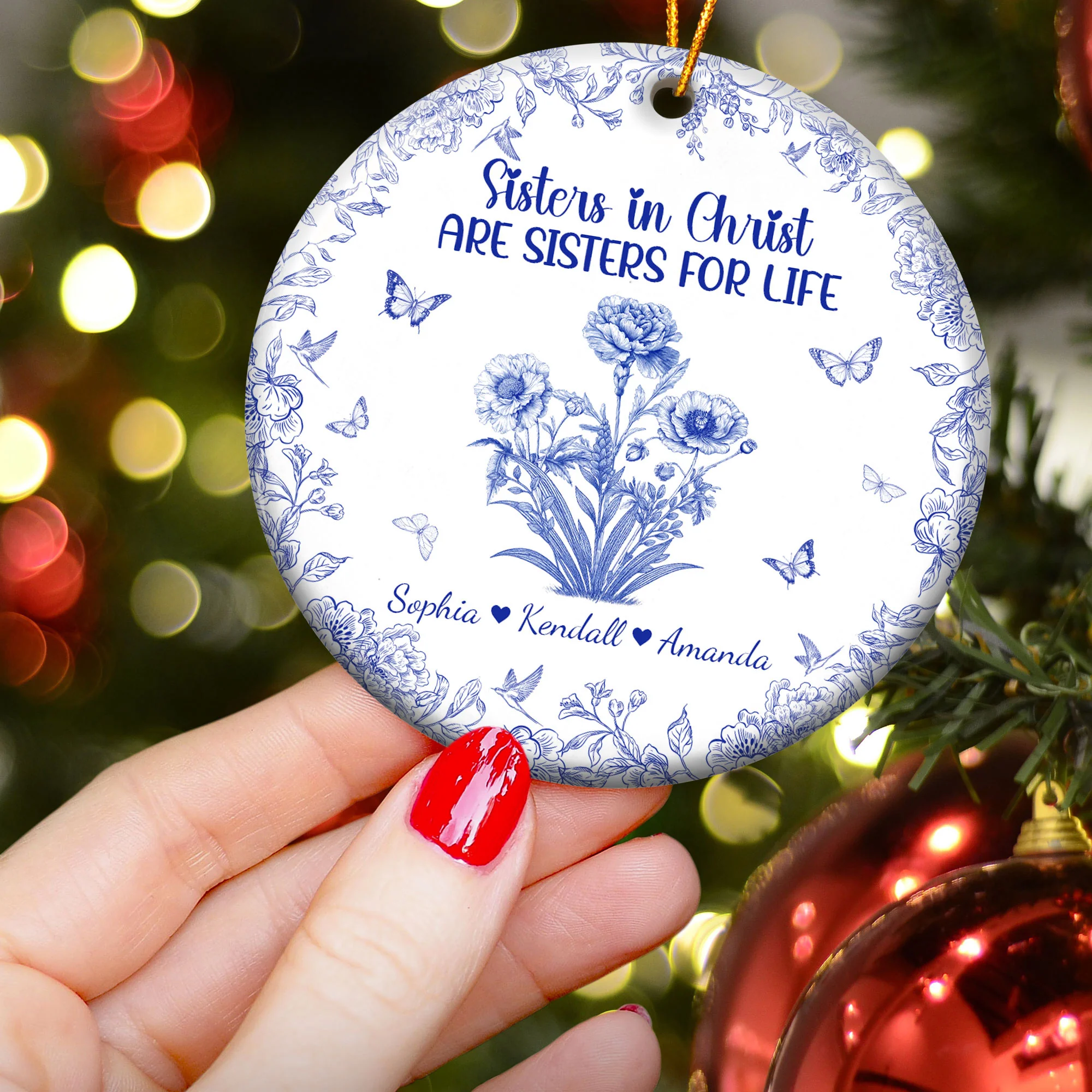 Sister In Christ Are Sisters For Life Toile De Jouy - Personalized Ceramic Ornament - Image 3