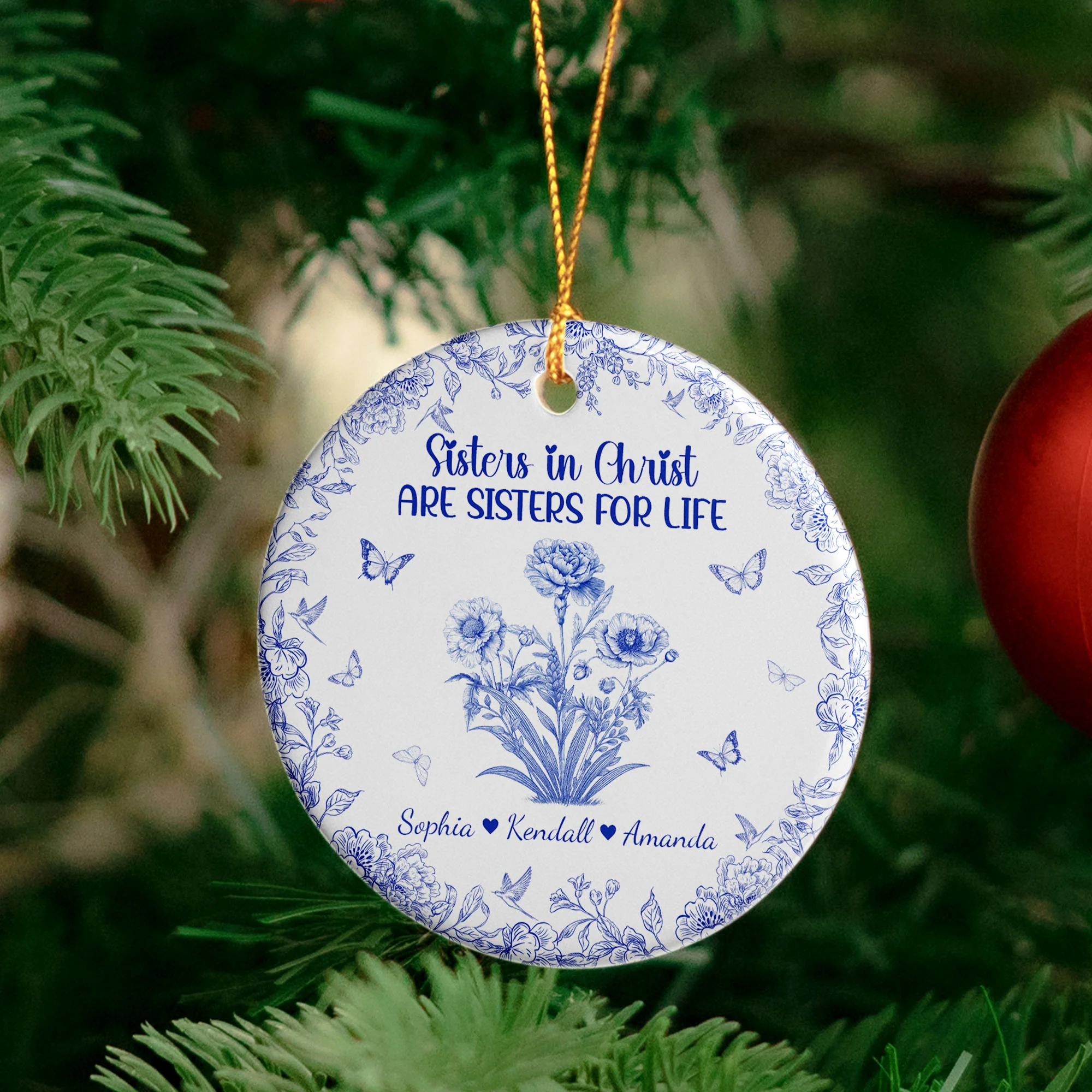 Sister In Christ Are Sisters For Life Toile De Jouy - Personalized Ceramic Ornament - Image 4