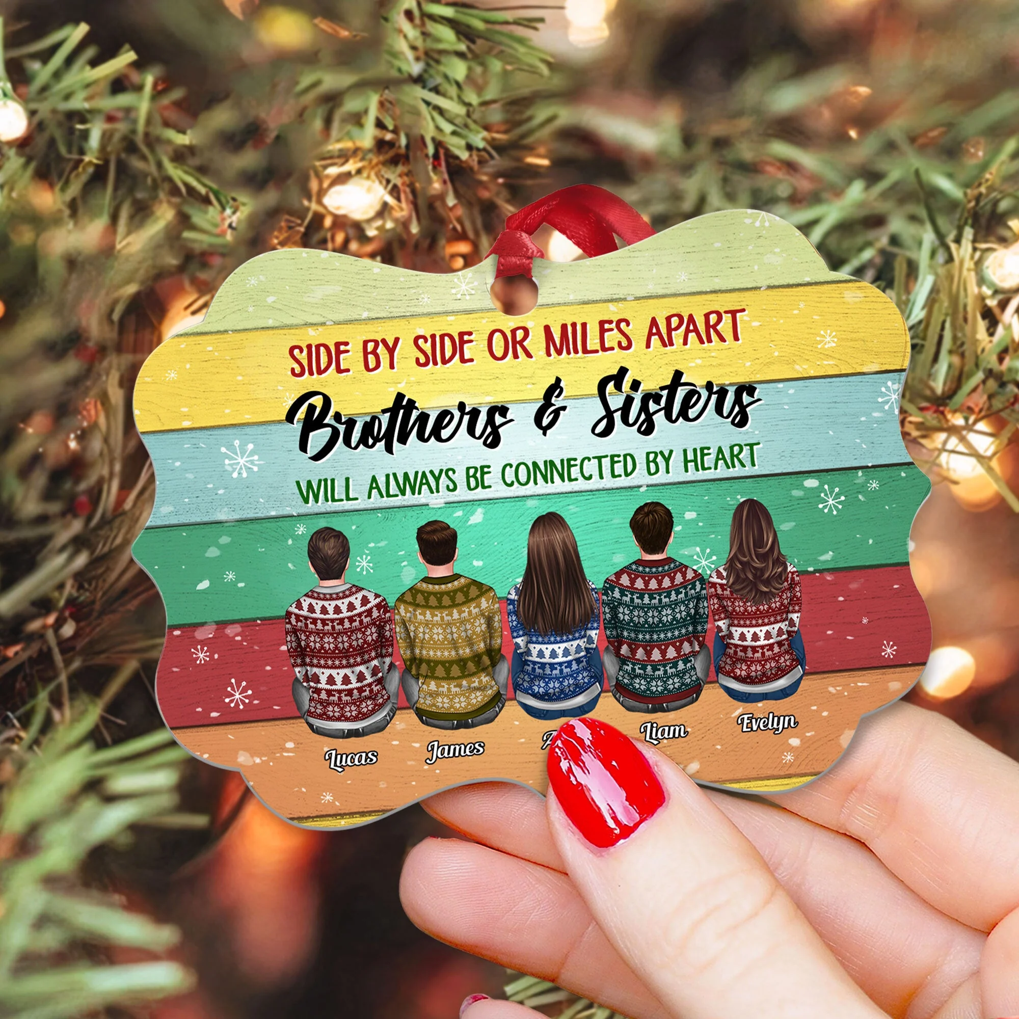 Sisters And Brothers Connected By Heart - Personalized Aluminum/Wooden Ornament - Ugly Christmas Sweater Sitting - Image 8