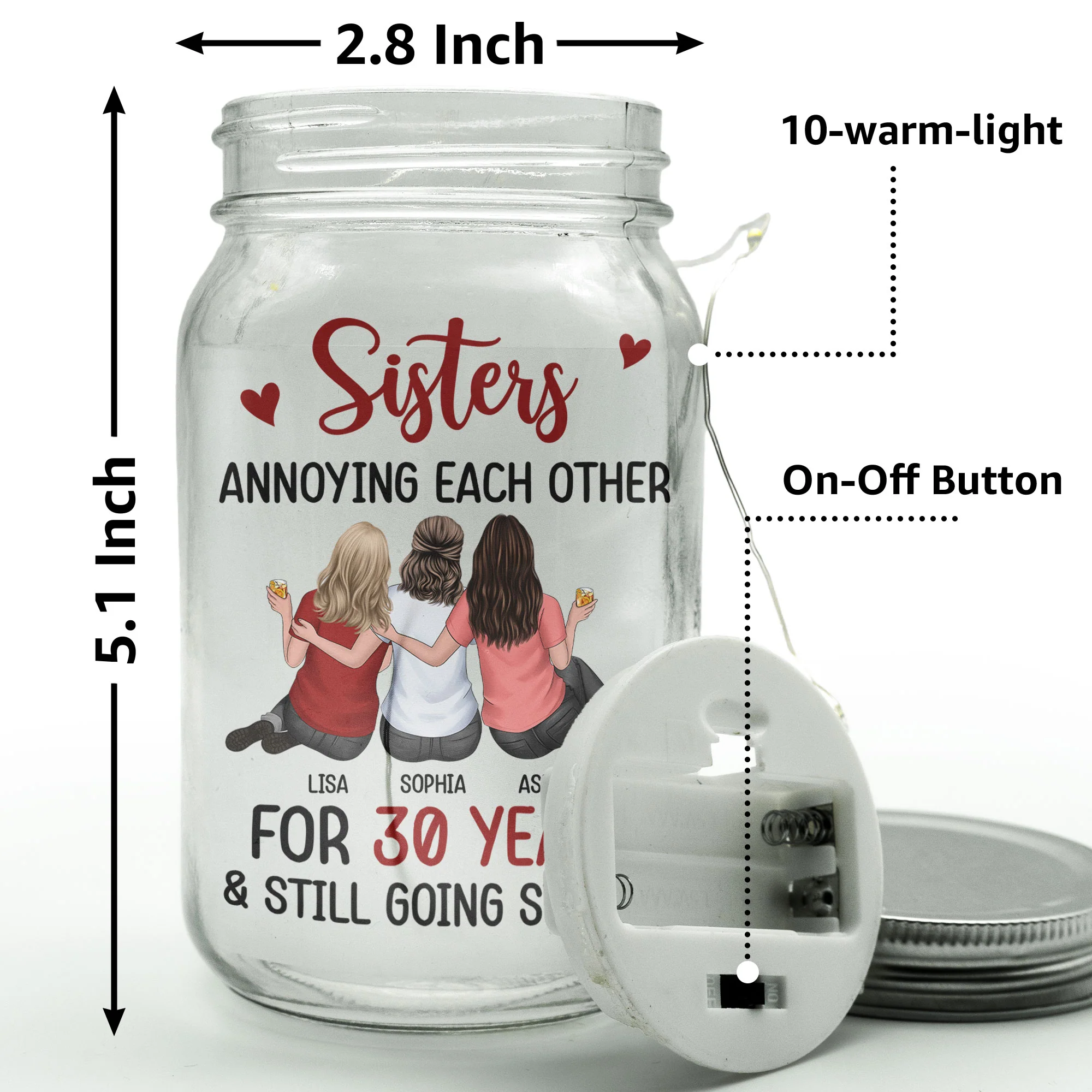 Sisters - Annoying Each Other & Still Going Strong - Personalized Mason Jar Light - Image 5