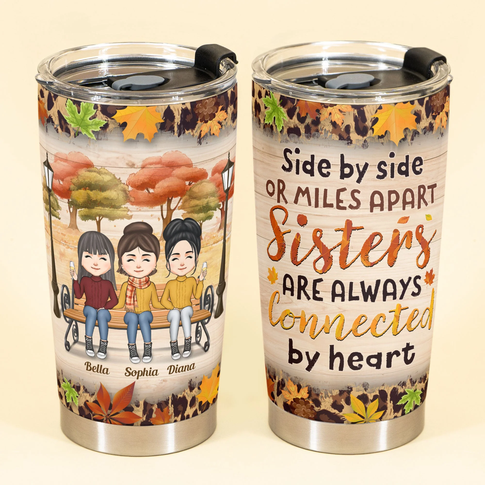 Sisters Are Always Connected By Heart - Personalized Tumbler Cup - Fall Season, Birthday Gift For Sisters, Family, Besties, Friends, Fall Vibes - Image 2