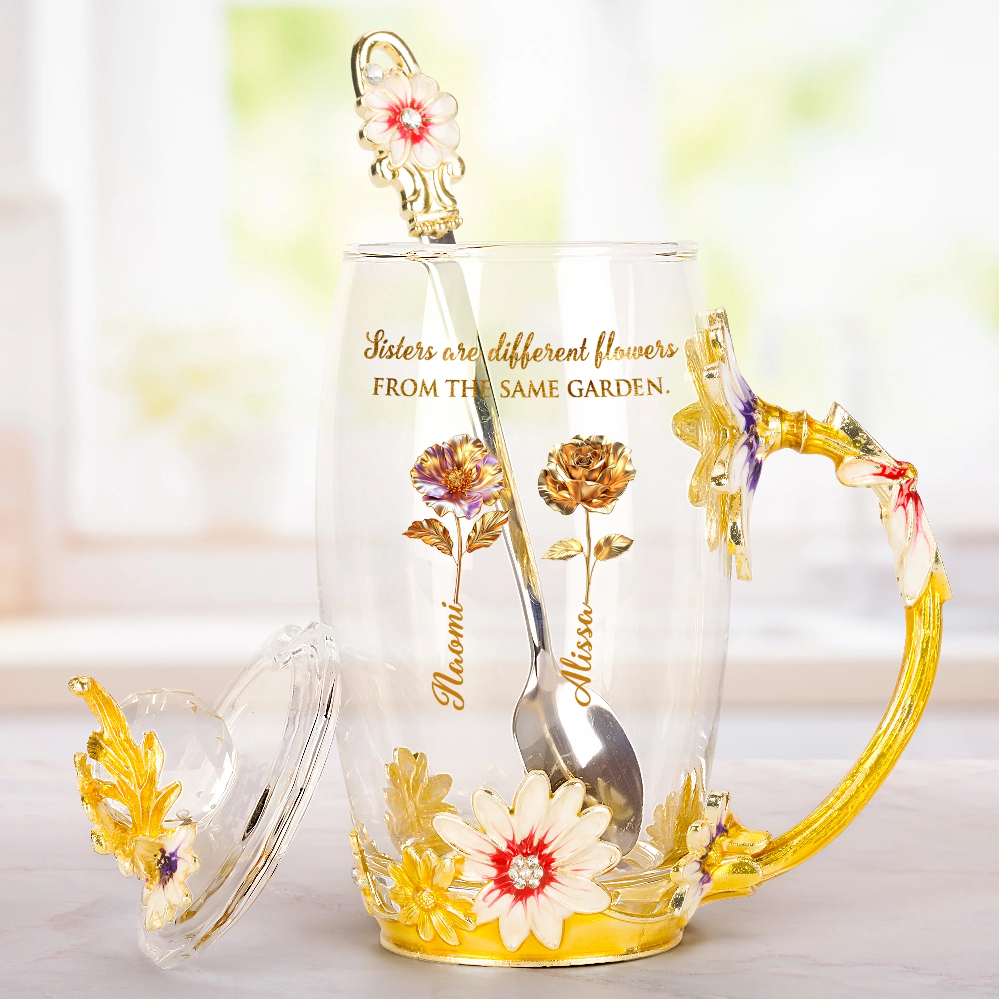 Sisters Are Different Flowers From The Same Garden Birth Flowers - Personalized Glass Cup - Image 2