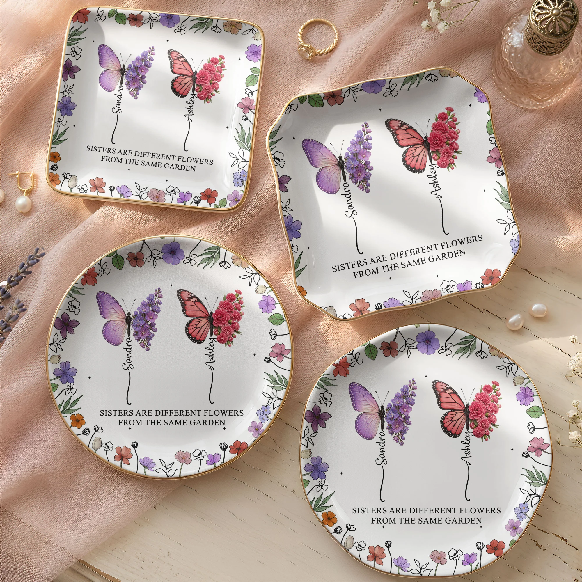 Sisters Are Different Flowers From The Same Garden Butterflies - Personalized Jewelry Dish - Image 2