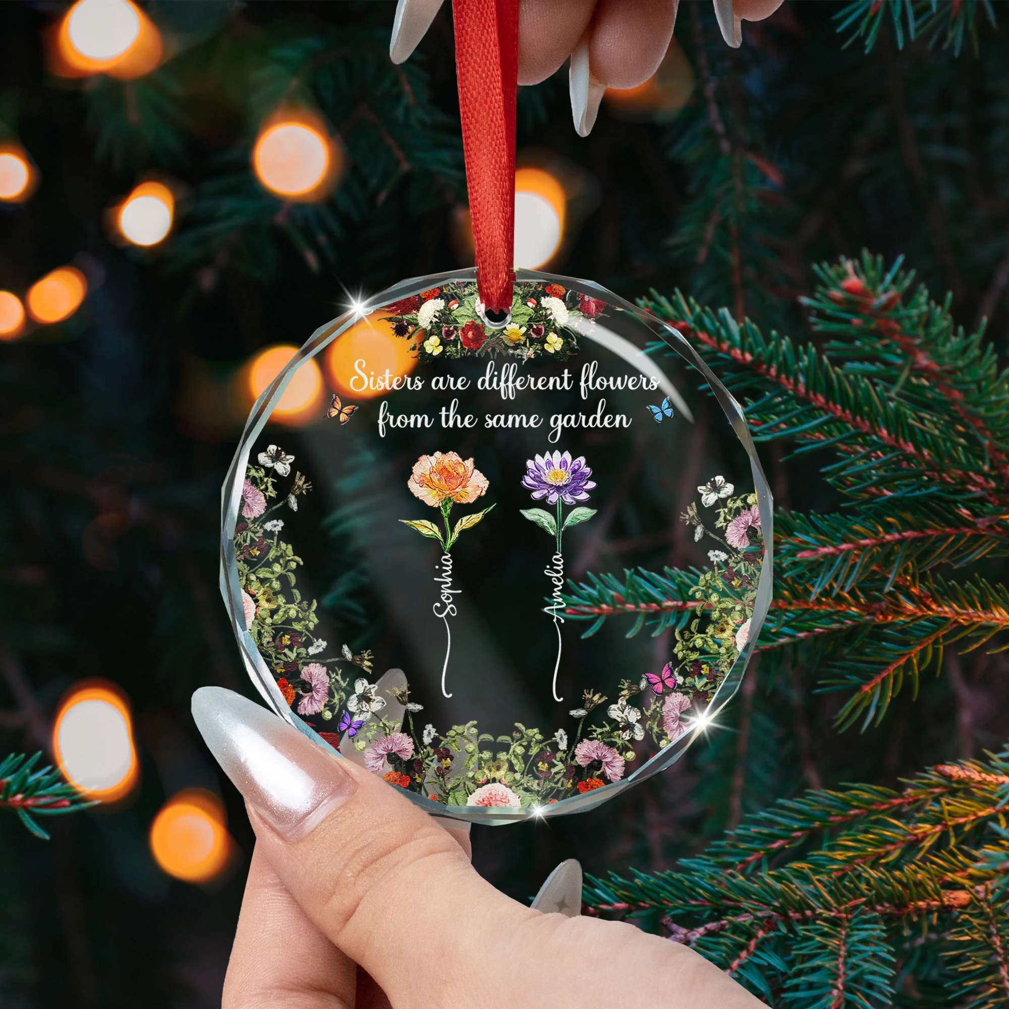 Sisters Are Different Flowers From The Same Garden - Personalized Glass Ornament - Image 3