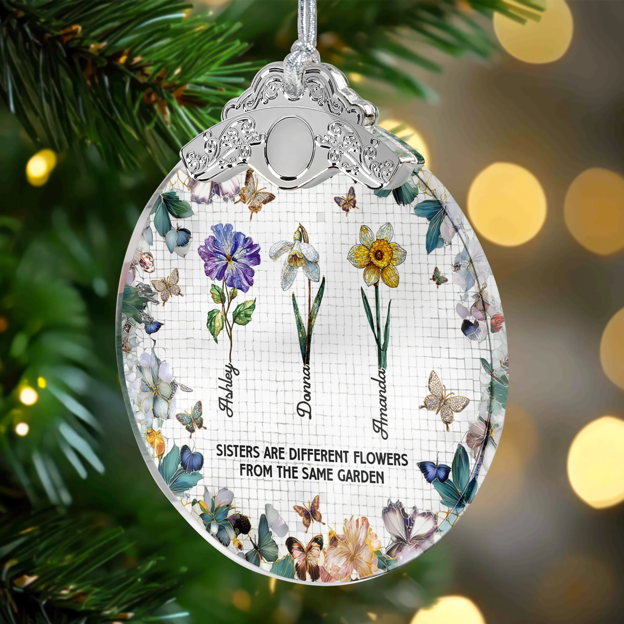 Sisters Are Different Flowers Mosaic Style - Personalized Glass Ornament With Silver Cap - Image 3