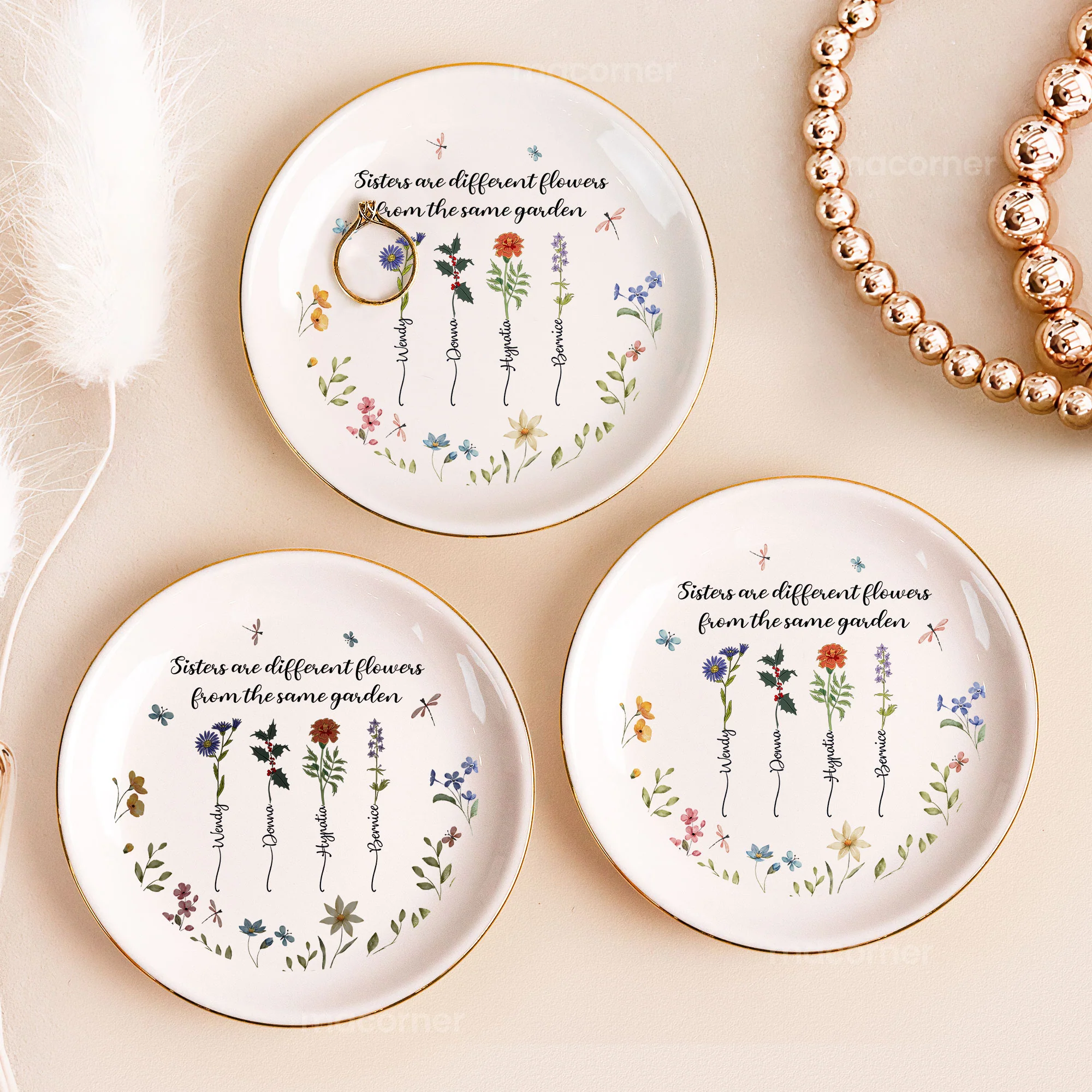 Sisters Are Differents Flowers Custom Birth Flowers - Personalized Jewelry Dish - Image 2