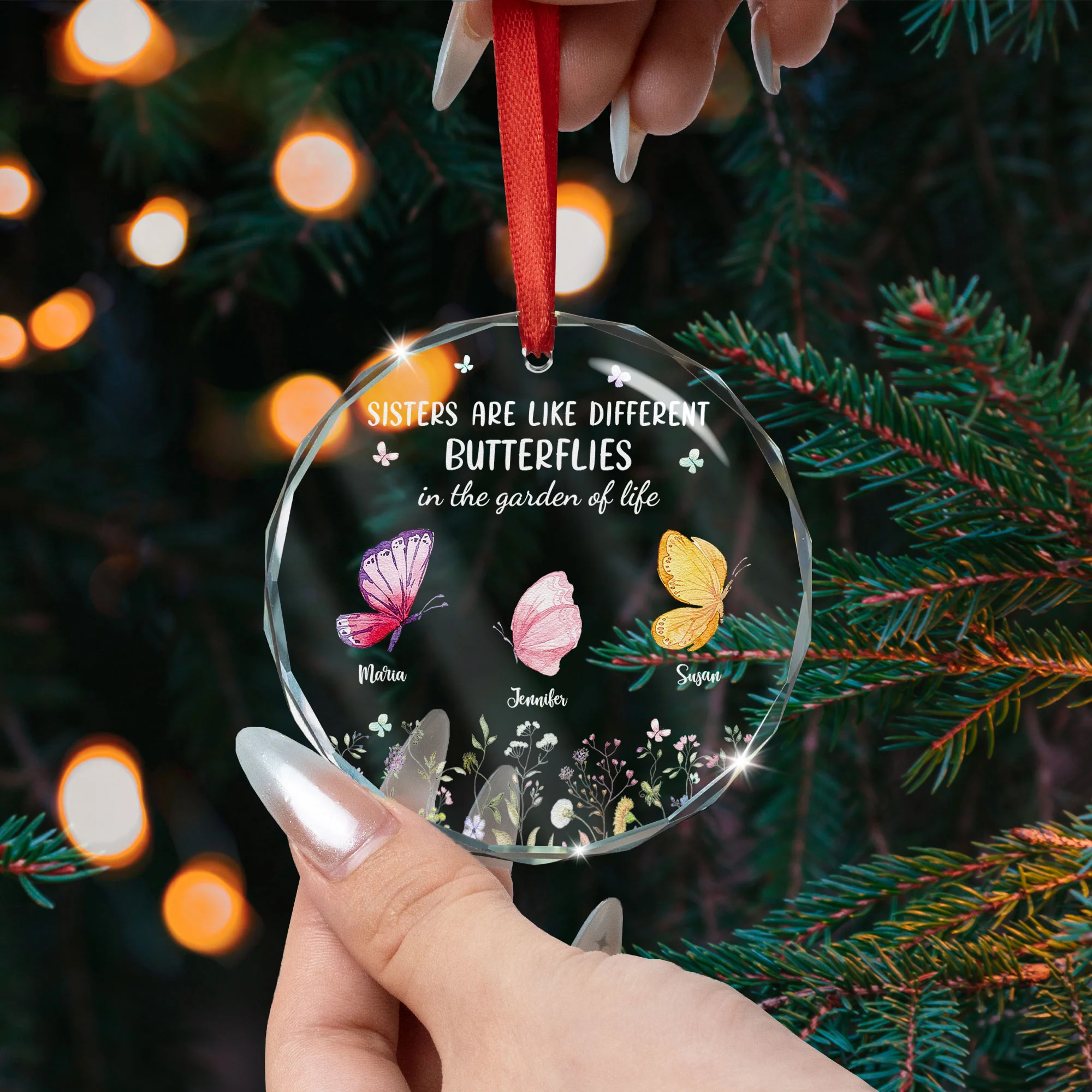 Sisters Are Like Butterflies - Personalized Glass Ornament - Image 3