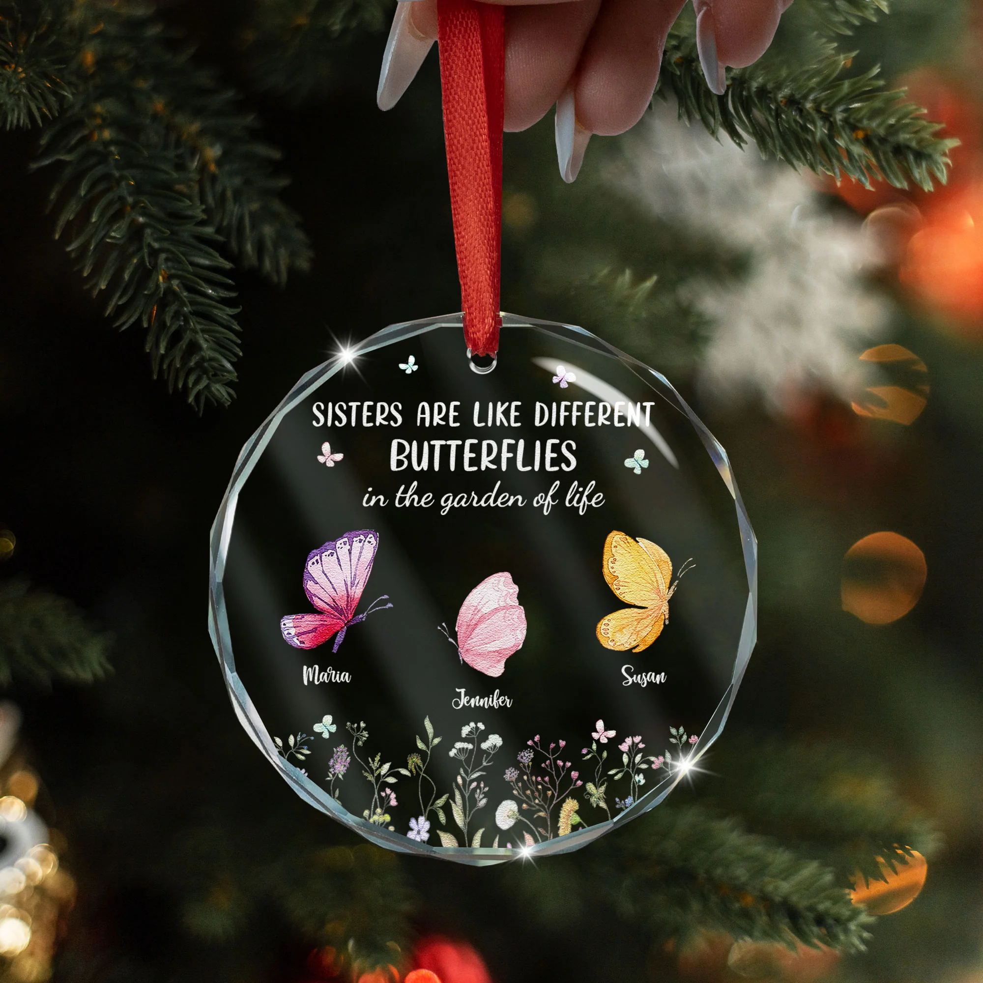 Sisters Are Like Butterflies - Personalized Glass Ornament - Image 4