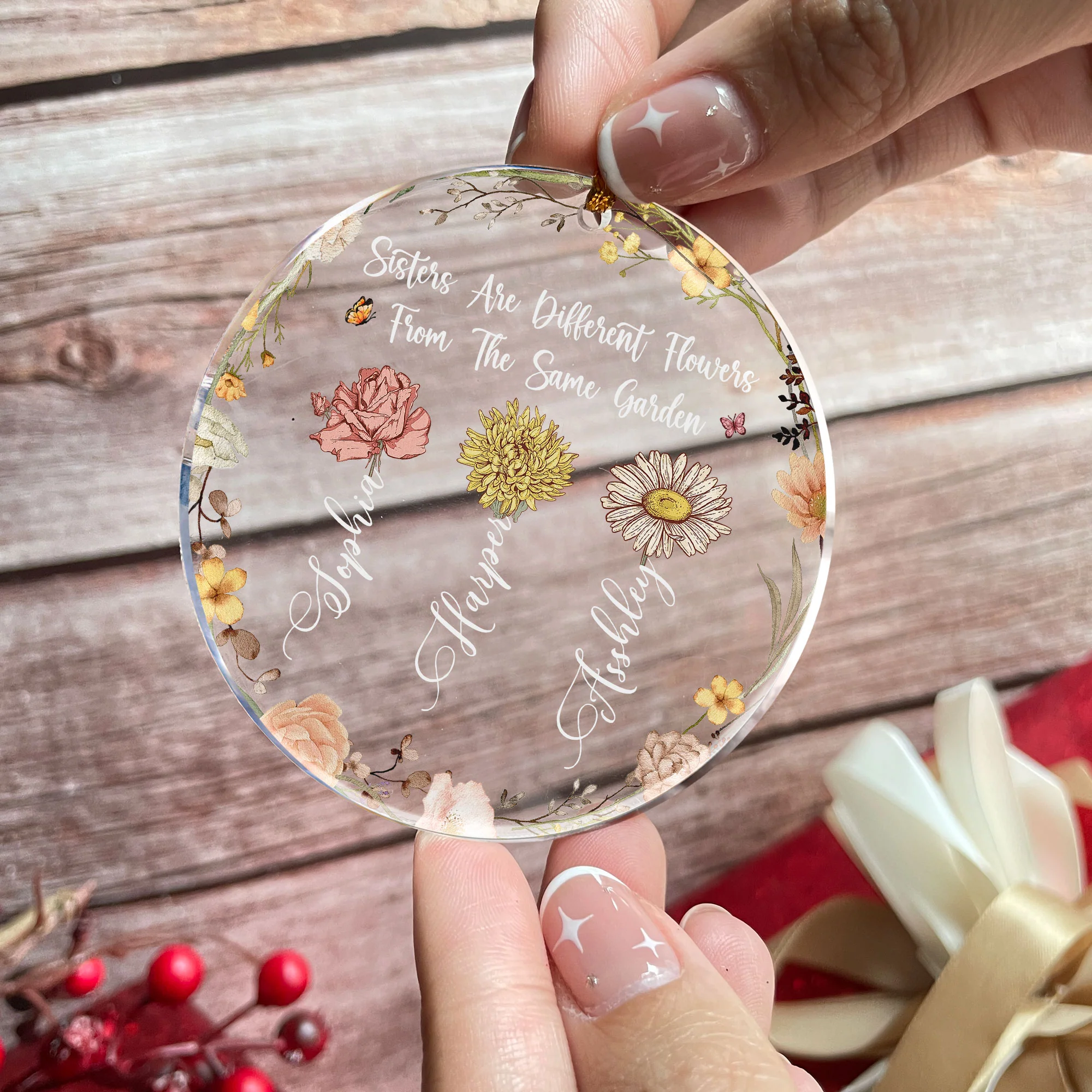 Sisters - Different Flowers From The Same Garden - Personalized Acrylic Ornament - Image 2