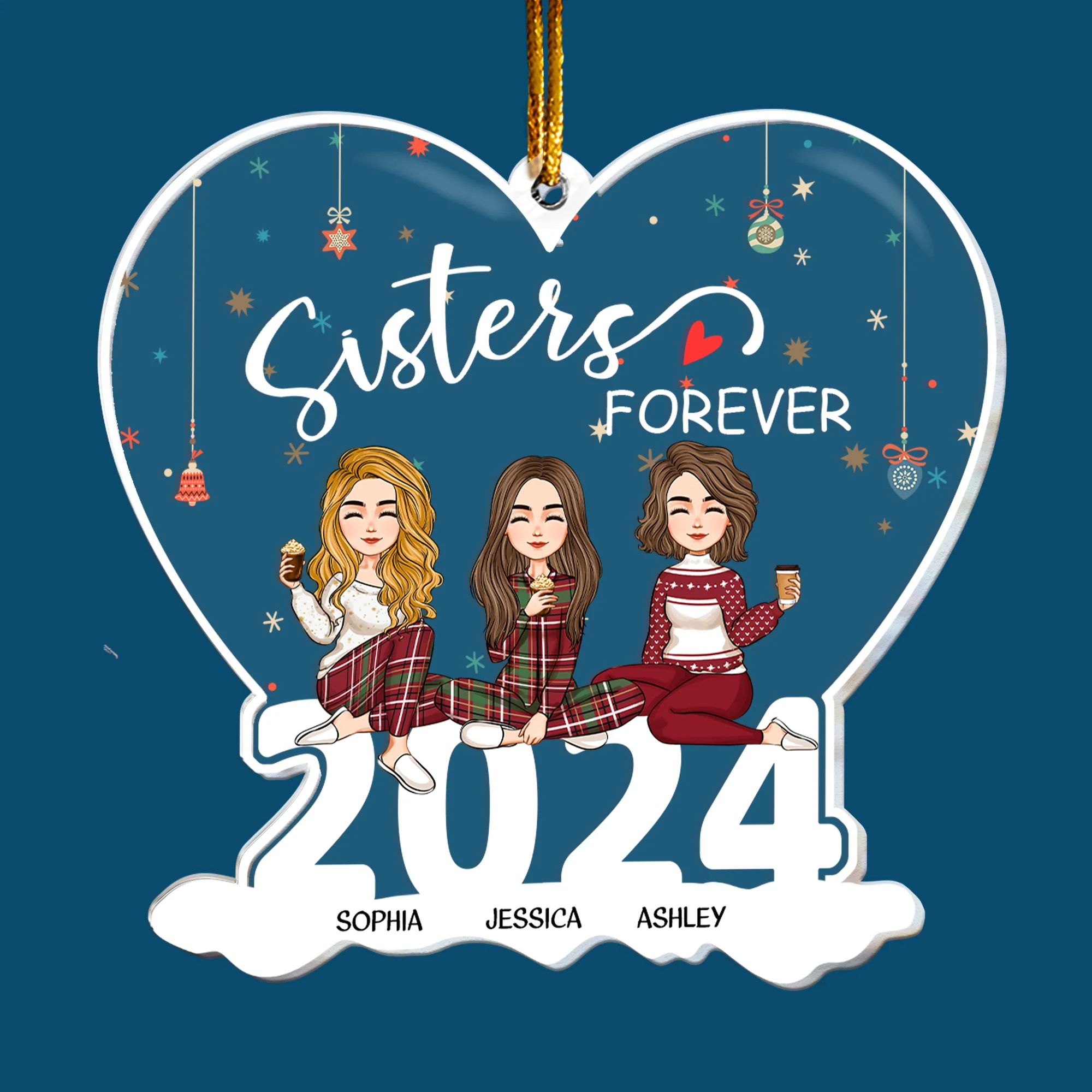 Sisters Forever - Version 2 - Personalized 2024 Heart Shaped Acrylic Ornament - Image 4