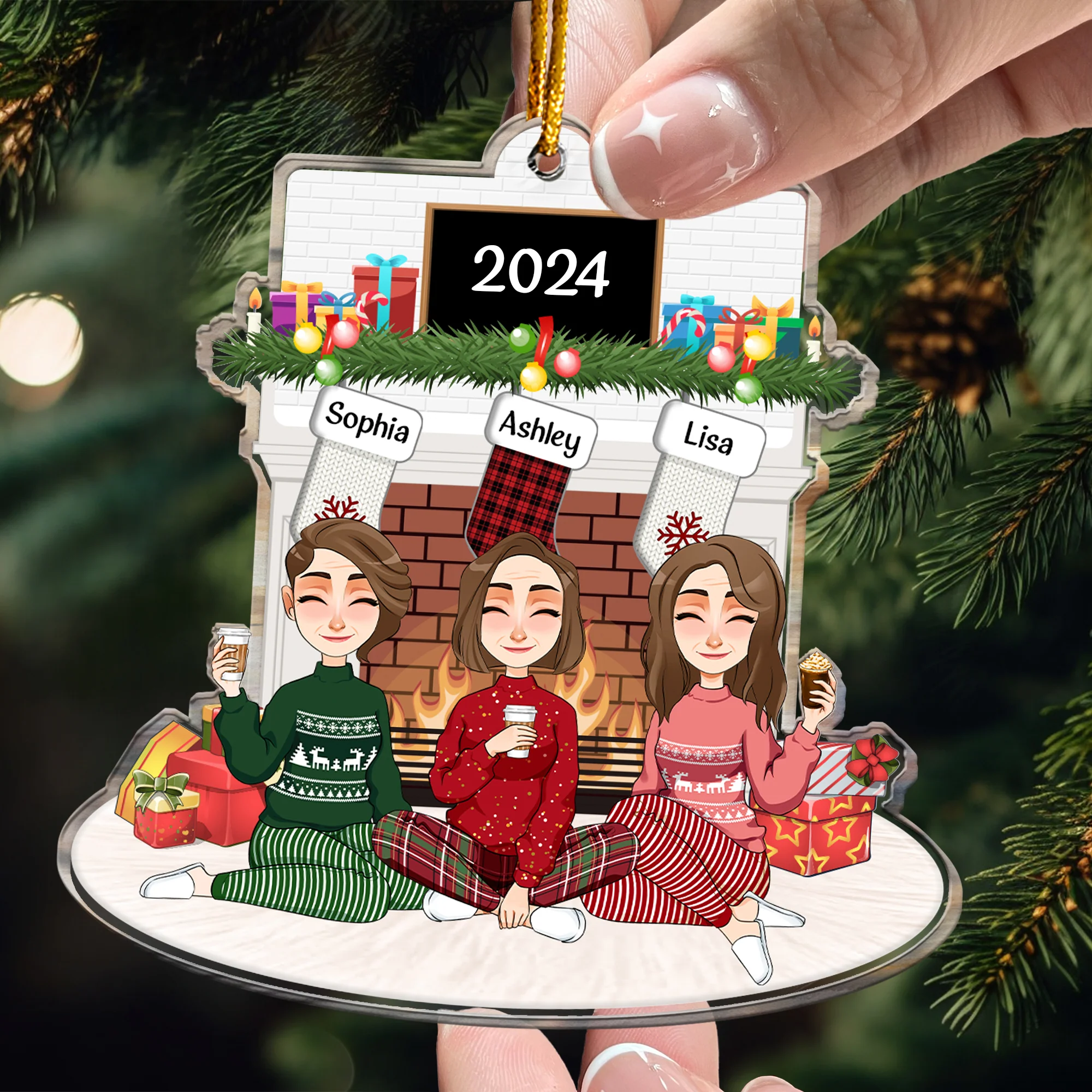 Sitting At Christmas Fireplace - Personalized Acrylic Ornament - Image 3