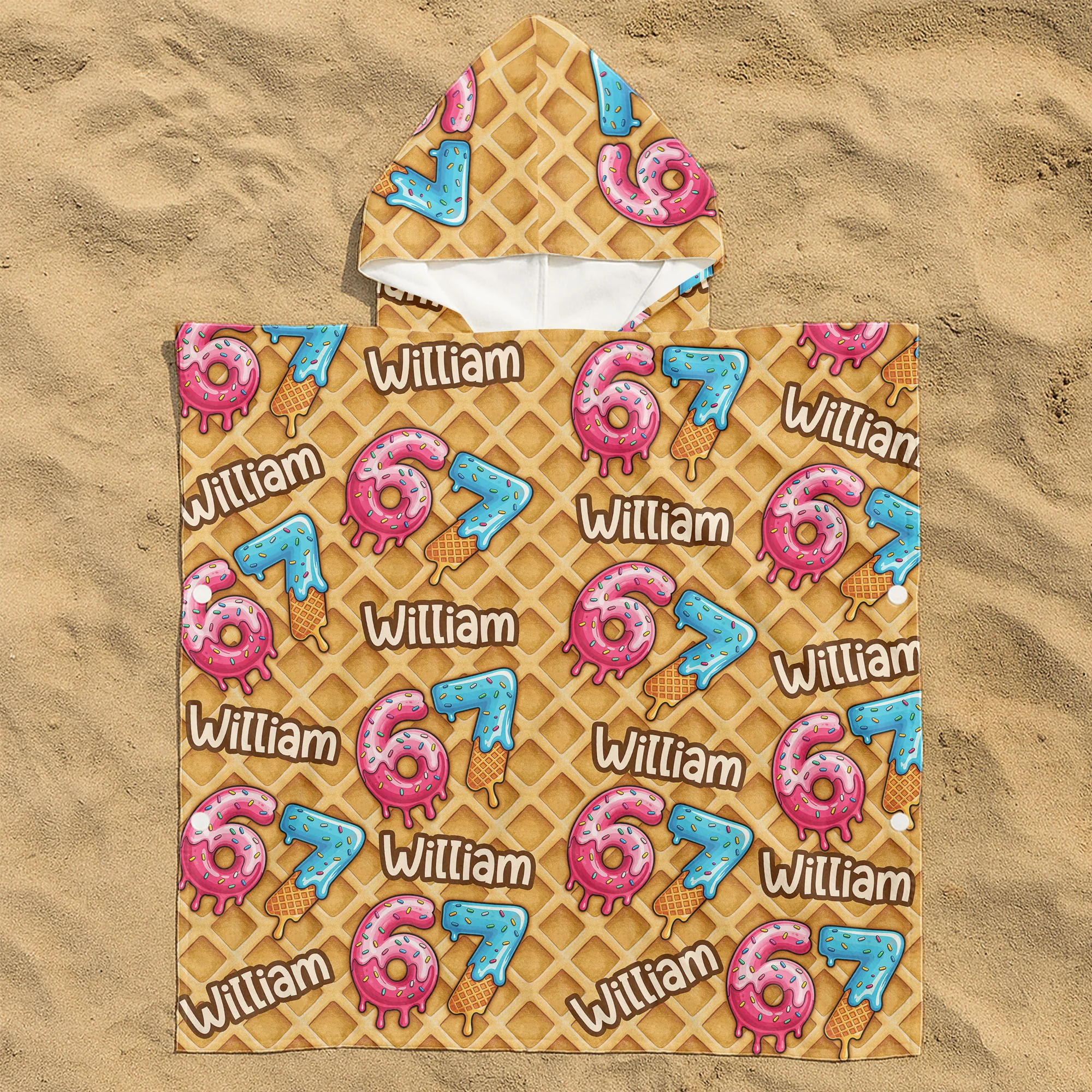 Six Seven 67 Meme Ice Cream - Personalized Kids Hooded Towel - Image 2