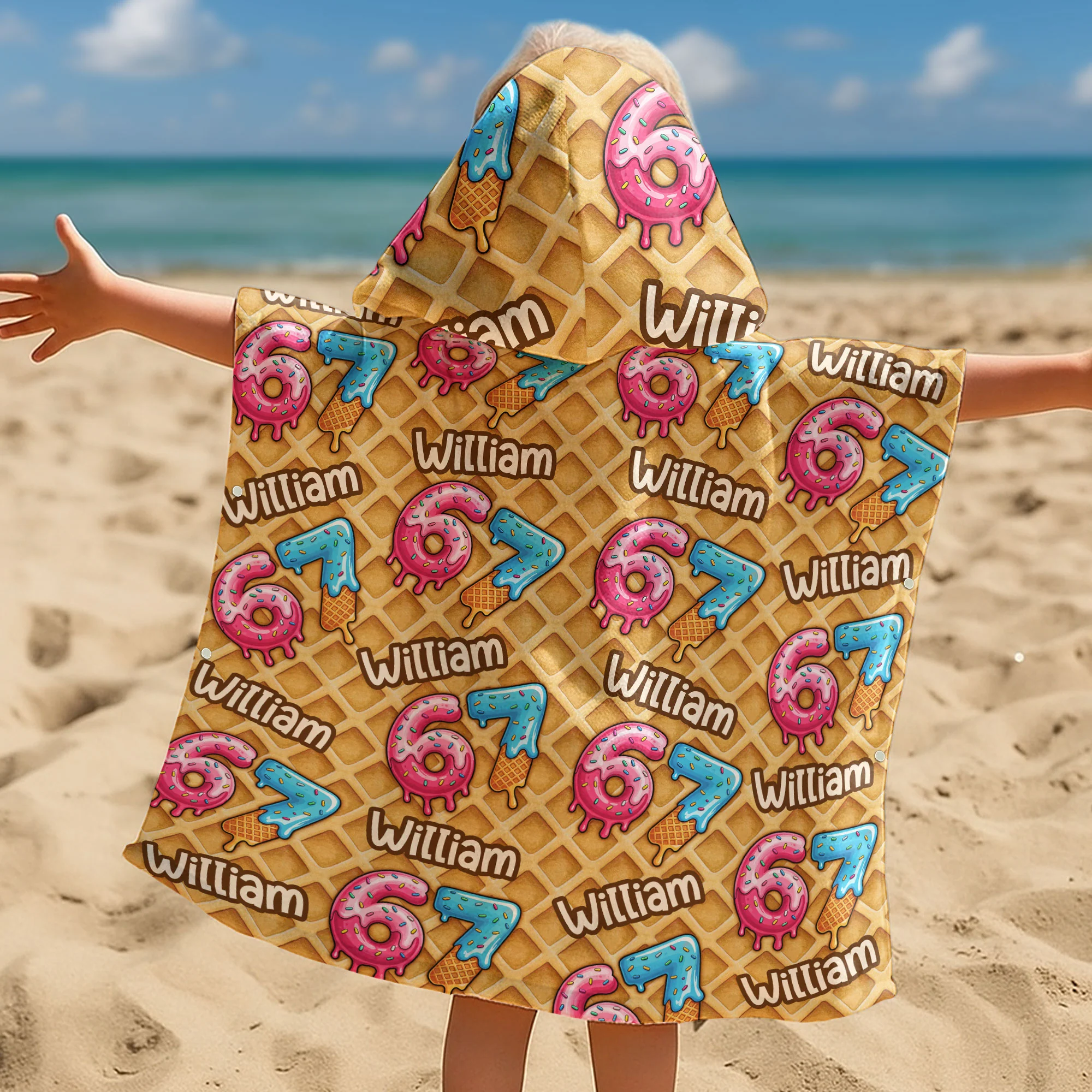 Six Seven 67 Meme Ice Cream - Personalized Kids Hooded Towel - Image 3