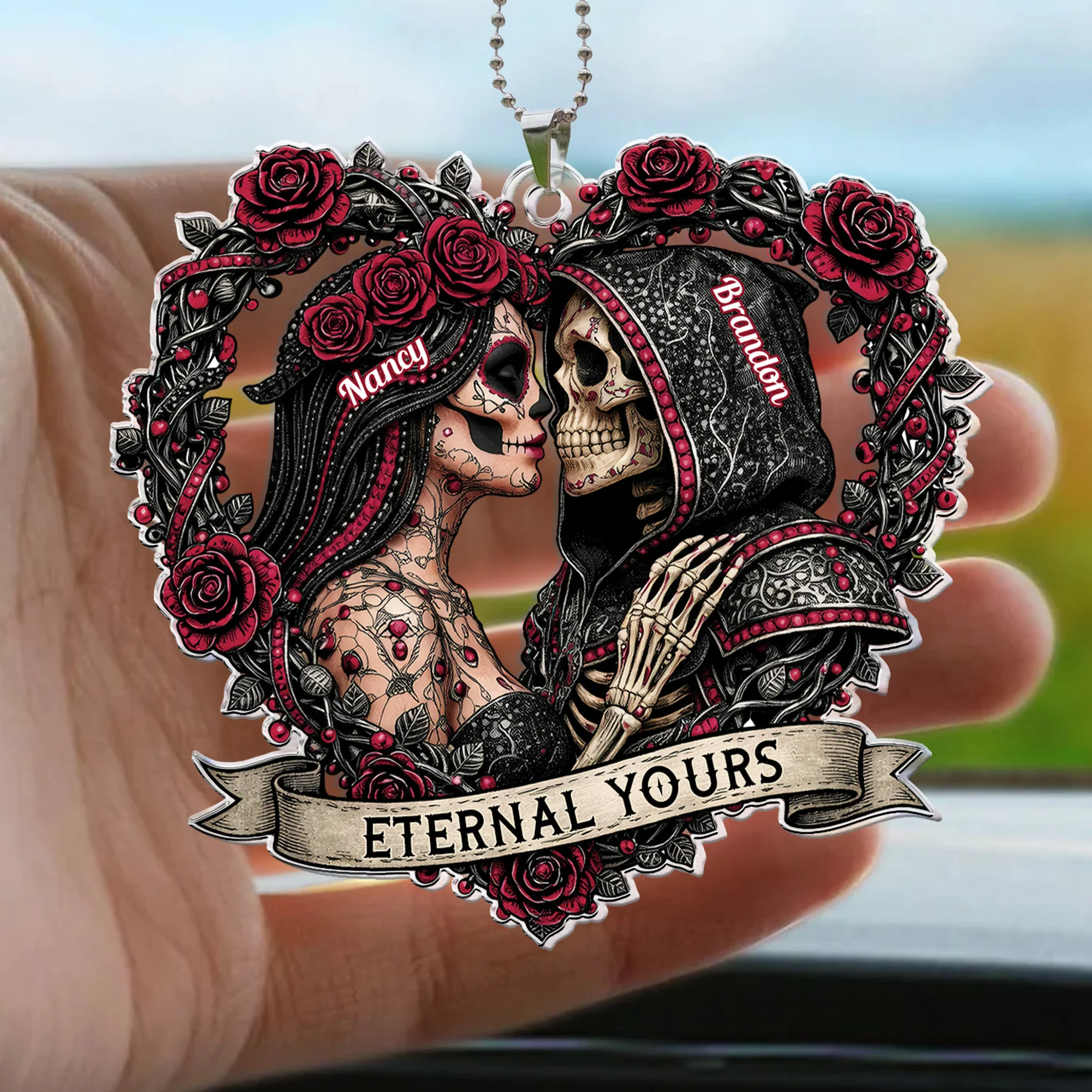 Skull Couple Spooky Skeleton Style ’Til Death Do Us Part - Personalized Rear View Mirror Accessory - Image 6