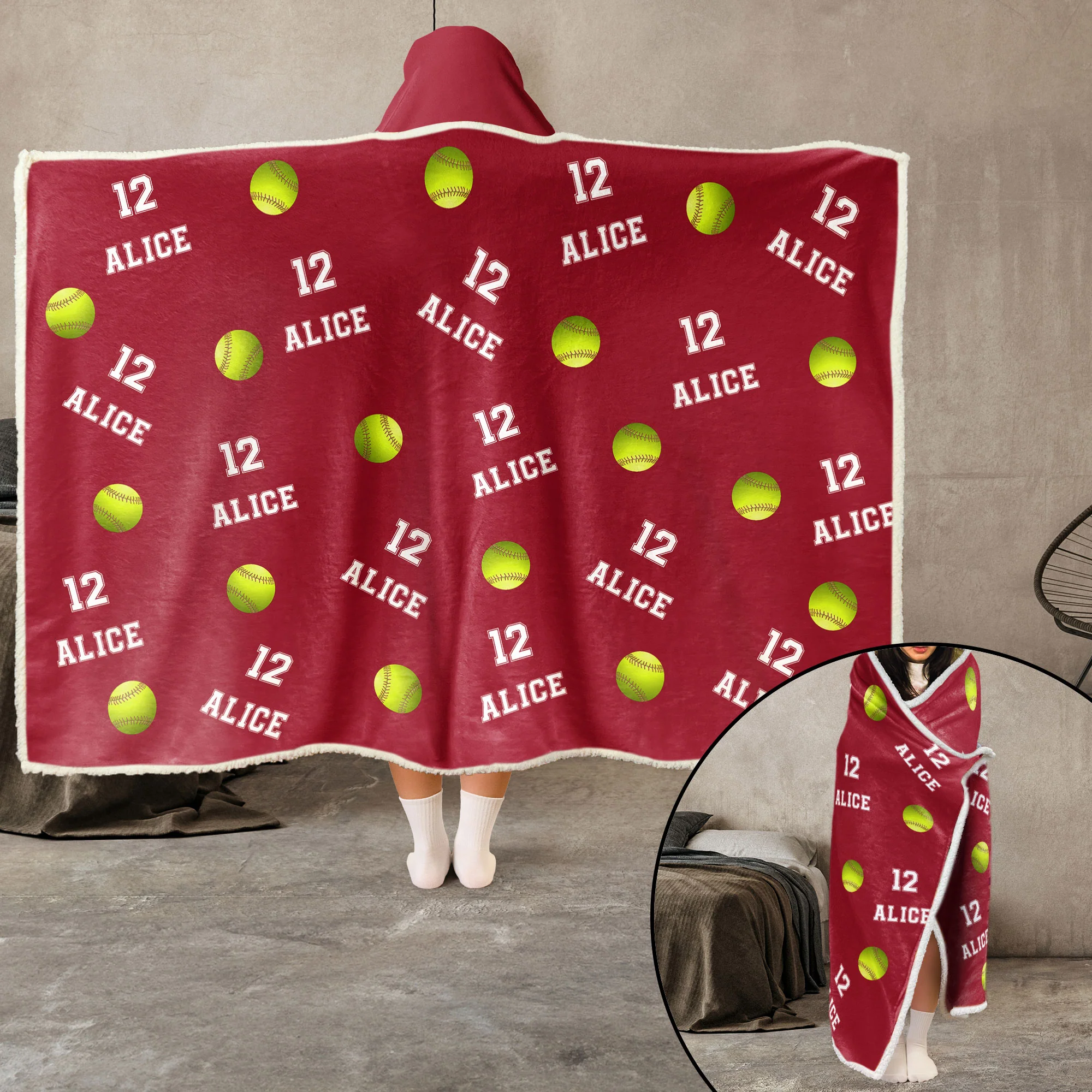 Softball Custom Name, Number - Personalized Wearable Blanket Hoodie - Image 4