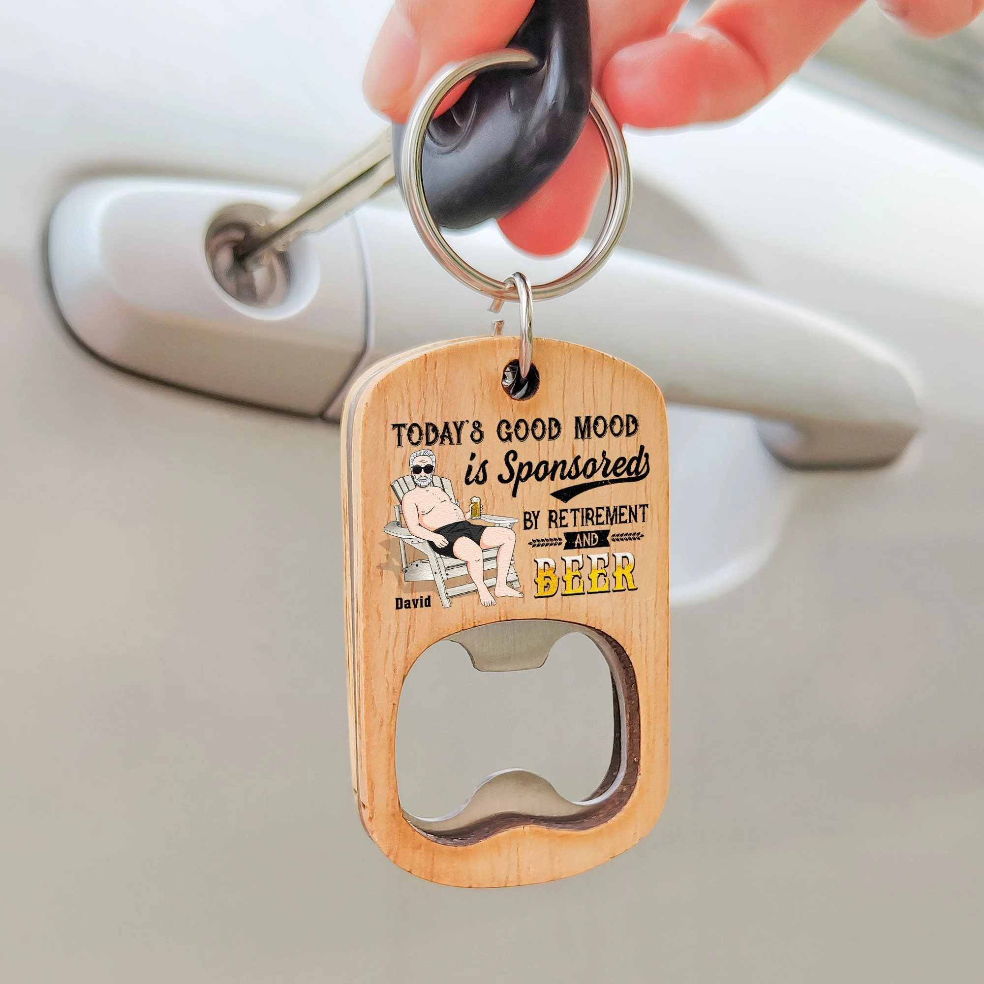 Sponsored By Retirement And Beer - Personalized Bottle Opener Keychain - Image 2