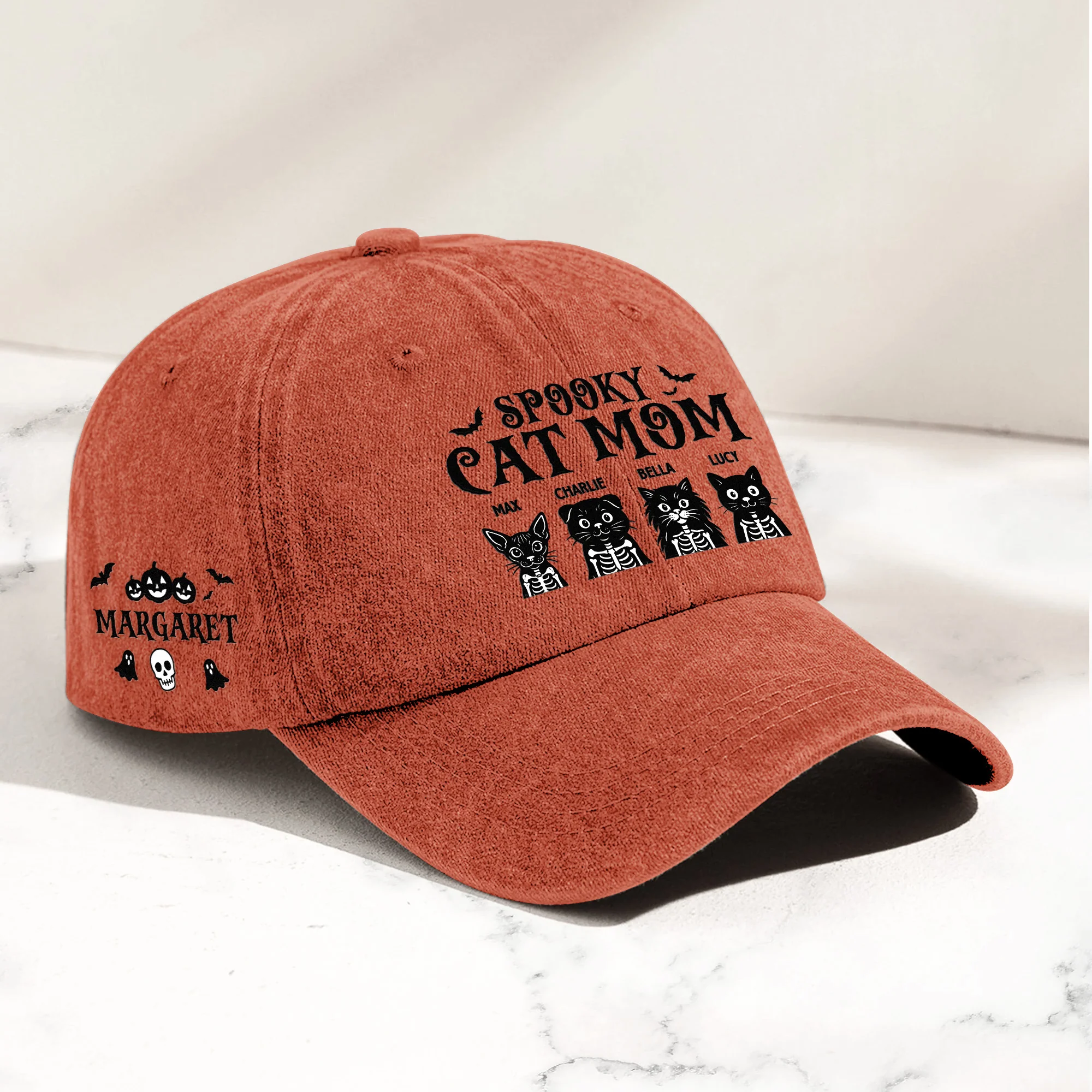 Spooky Cat Mom Halloween Skeleton Cat - Personalized Distressed Denim Cap - Image 2