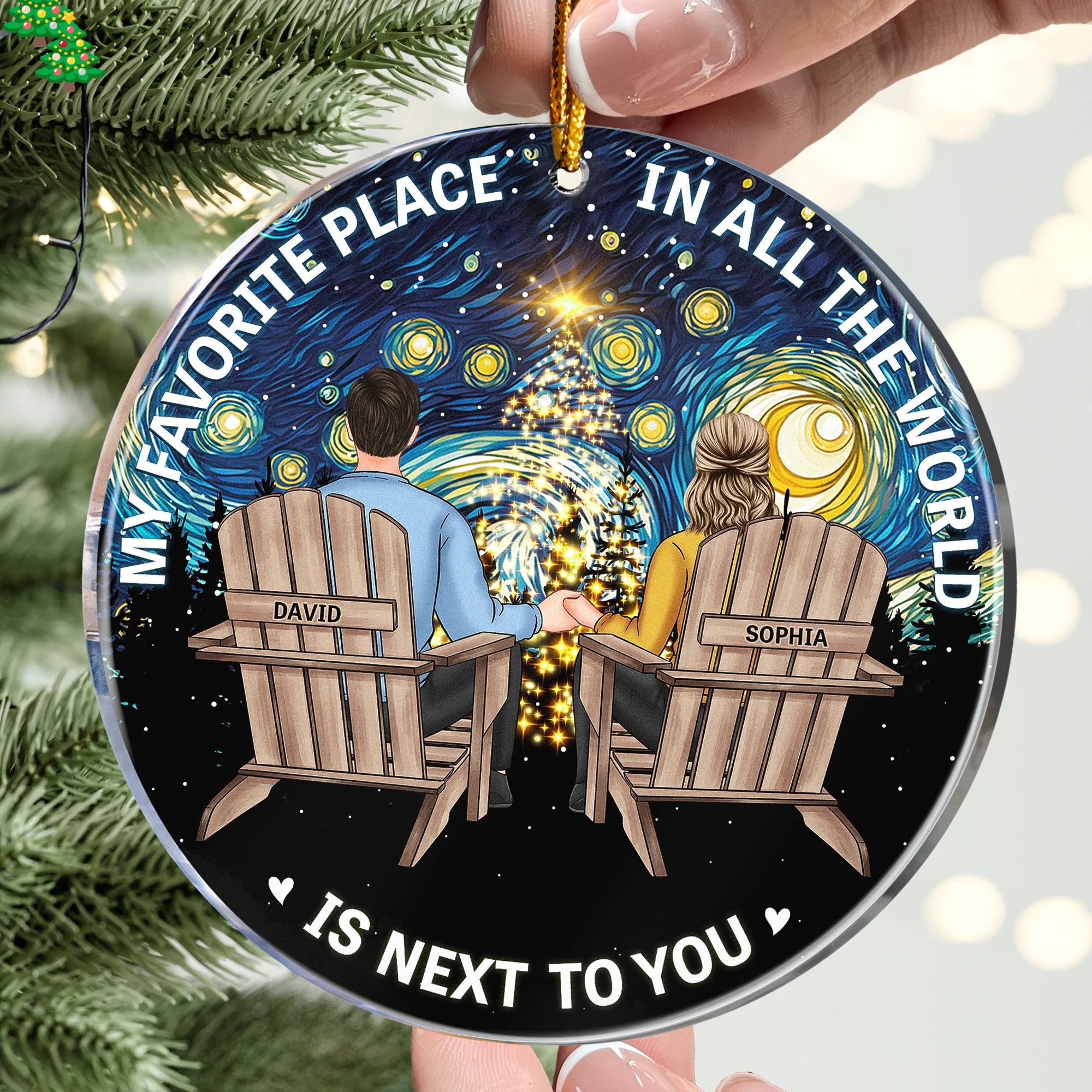 Starry Night Couple Sitting Together - Personalized Acrylic Ornament - Image 2
