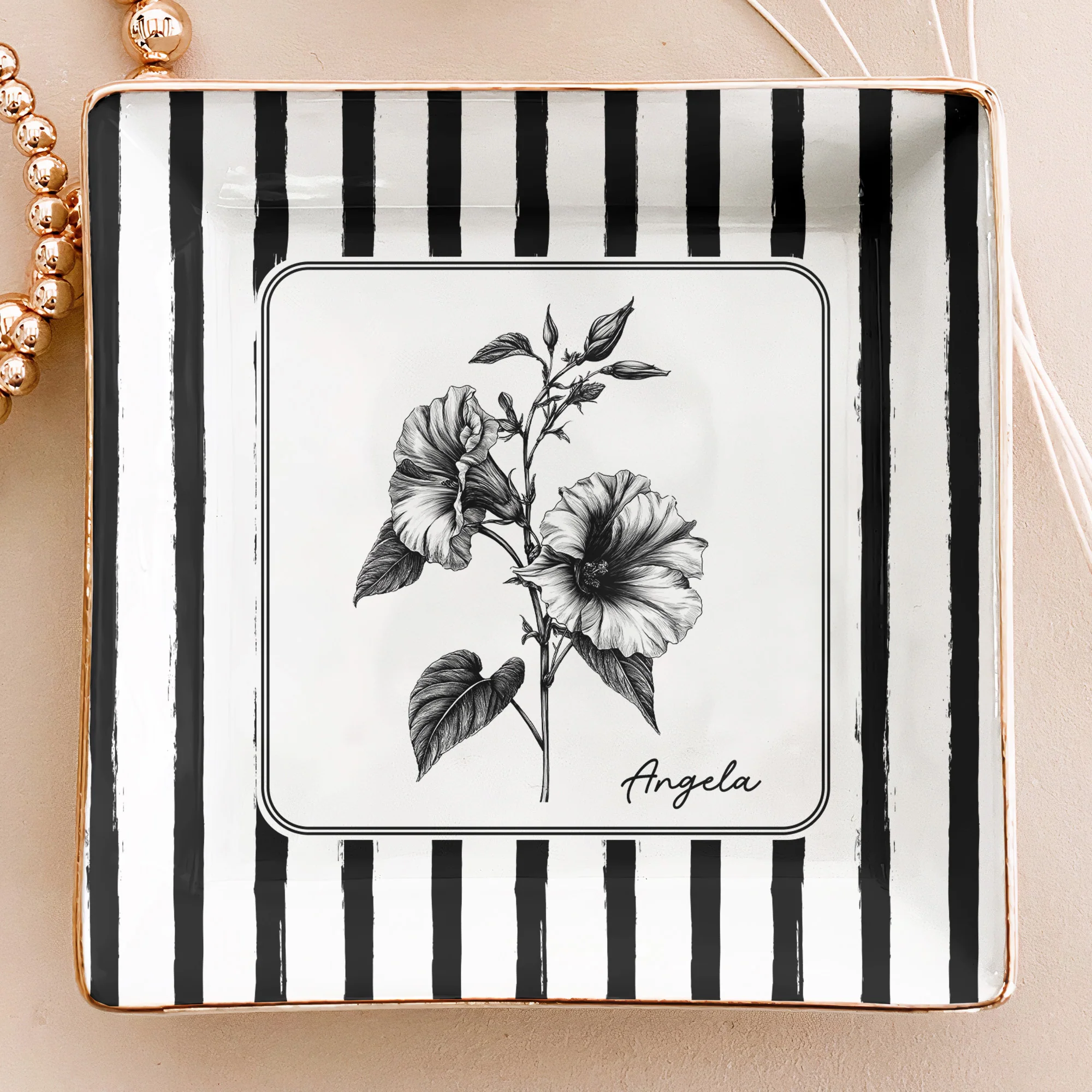 Stripes Birth Flower Custom Name Gift For Her - Personalized Jewelry Dish - Image 2
