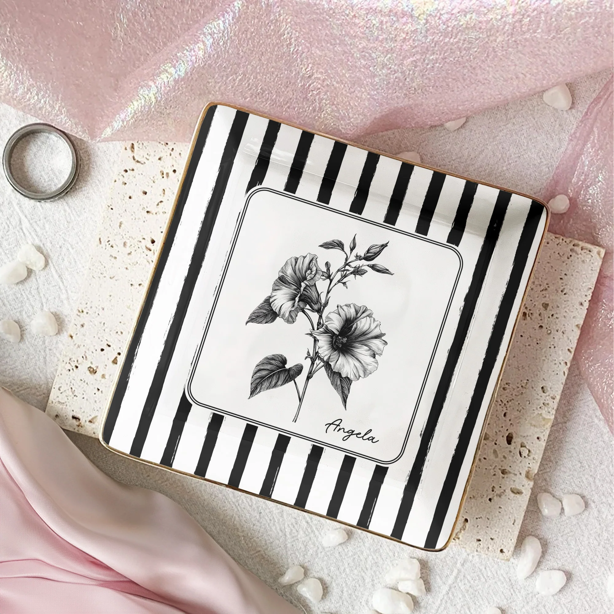 Stripes Birth Flower Custom Name Gift For Her - Personalized Jewelry Dish - Image 3